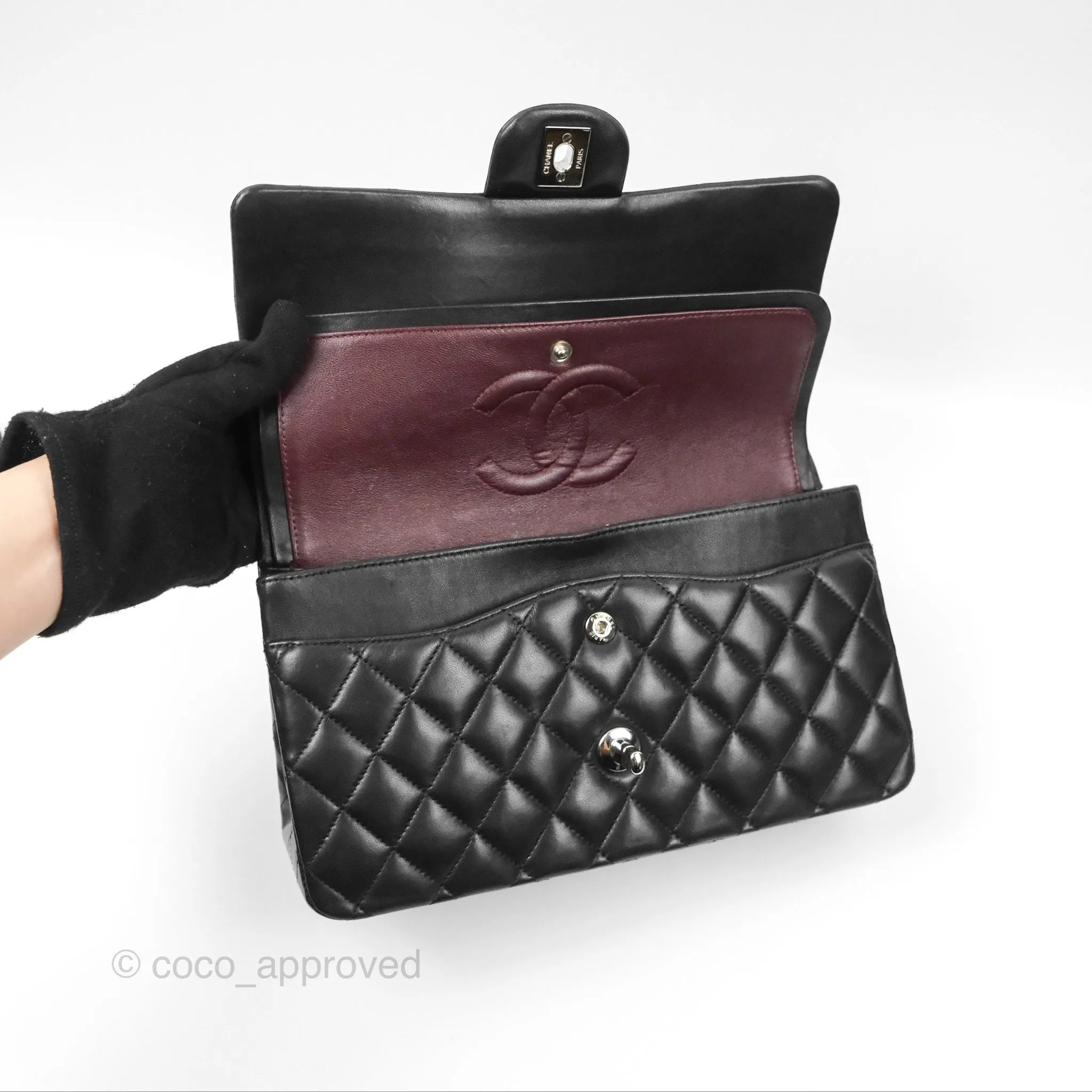 Chanel Classic M/L Medium Flap Quilted Black Lambskin Silver Hardware