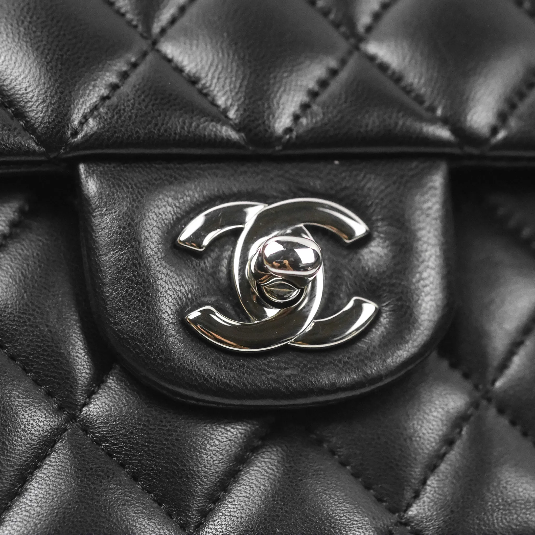 Chanel Classic M/L Medium Flap Quilted Black Lambskin Silver Hardware