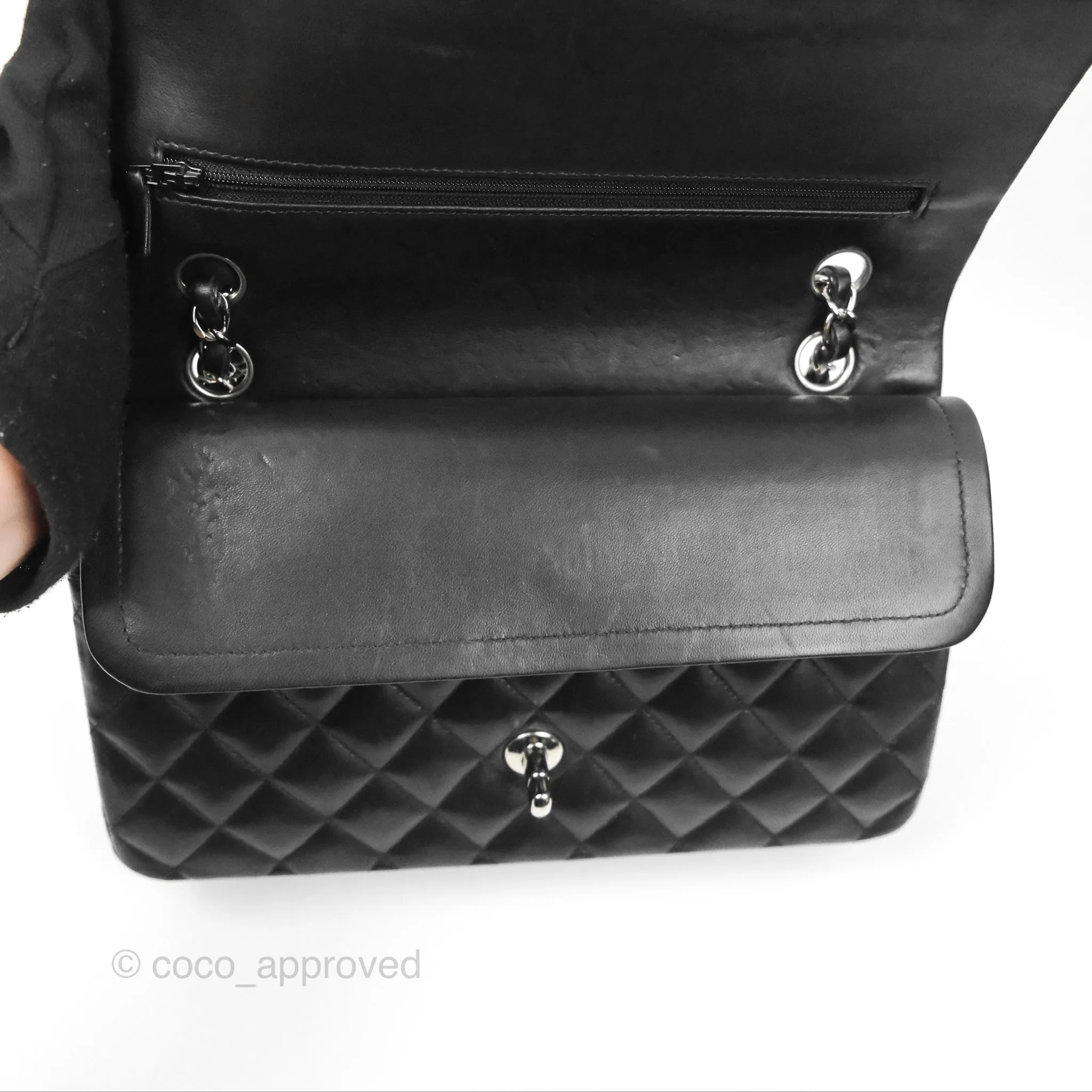 Chanel Classic M/L Medium Flap Quilted Black Lambskin Silver Hardware