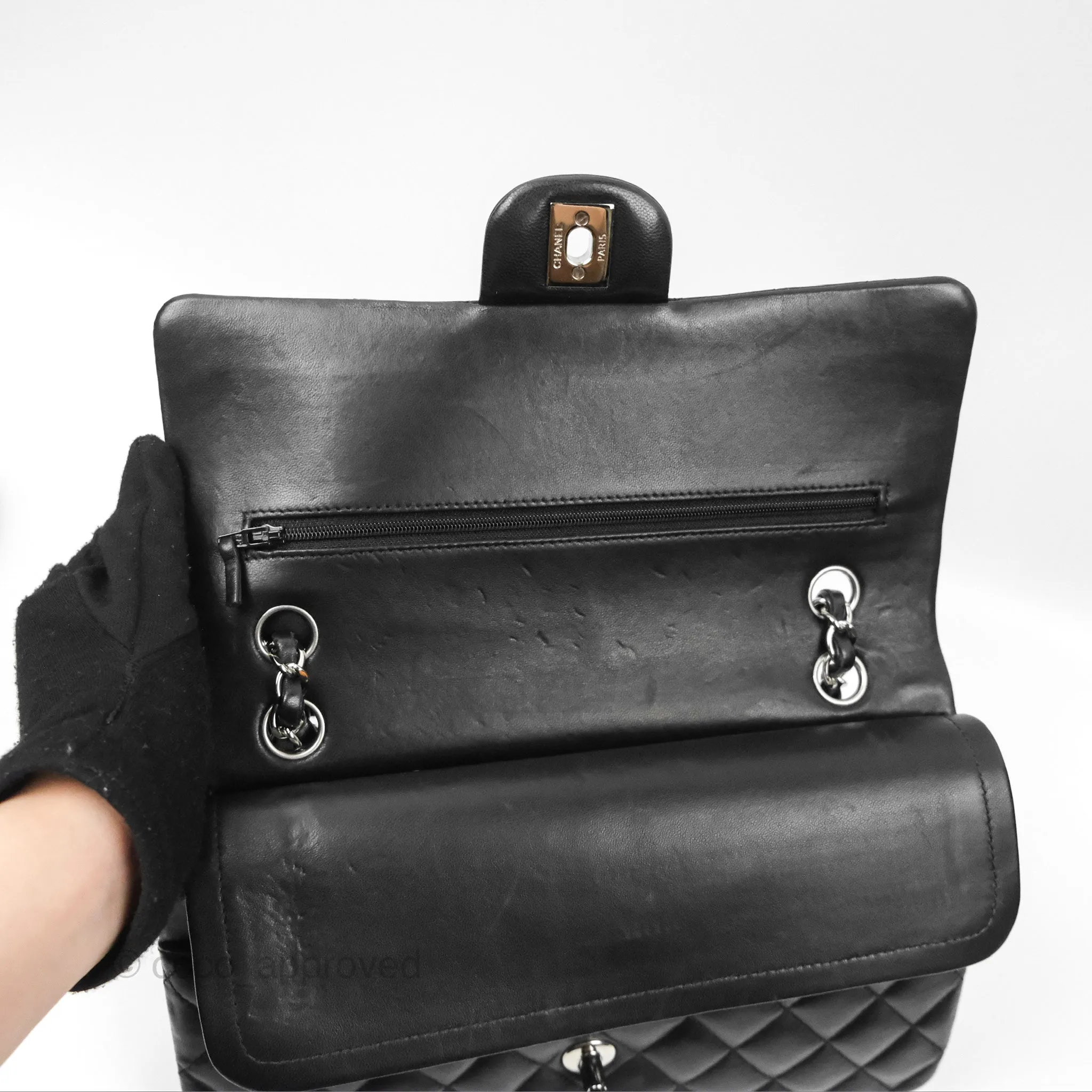 Chanel Classic M/L Medium Flap Quilted Black Lambskin Silver Hardware