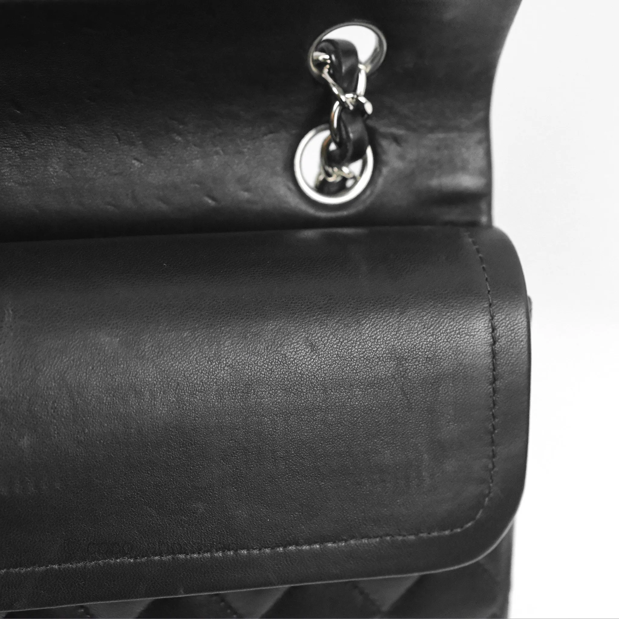 Chanel Classic M/L Medium Flap Quilted Black Lambskin Silver Hardware