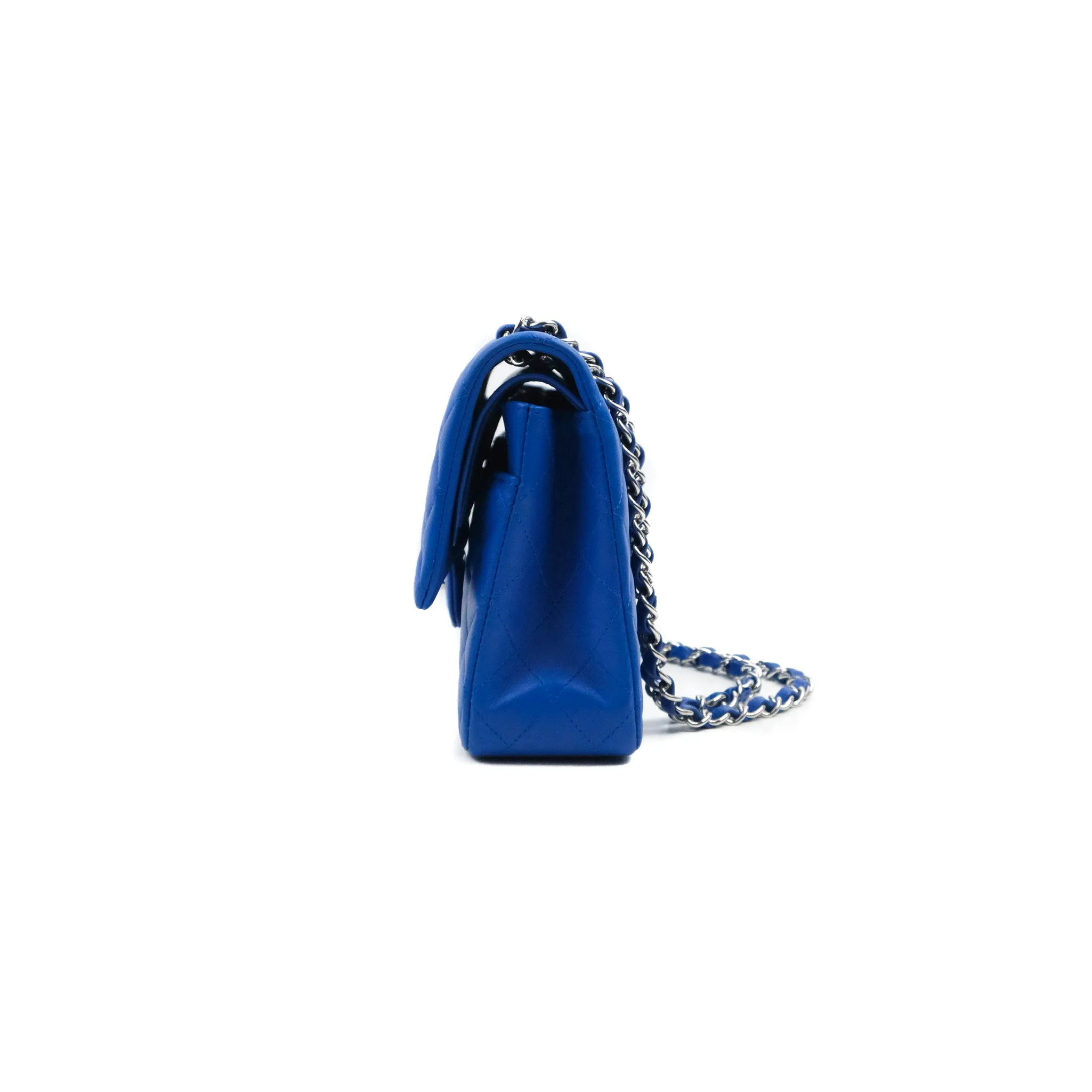 Chanel Classic M/L Medium Flap Quilted Blue Lambskin Silver Hardware