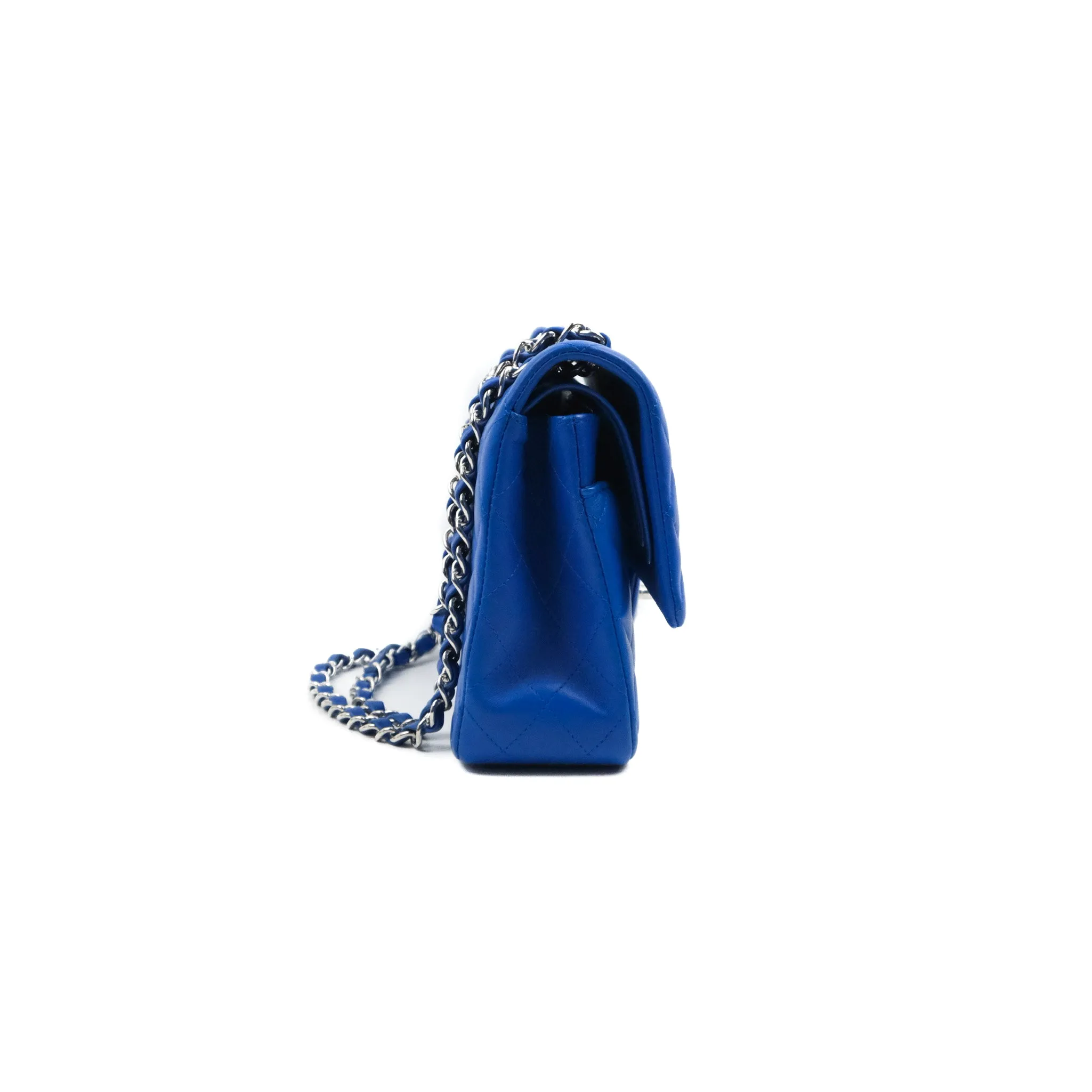 Chanel Classic M/L Medium Flap Quilted Blue Lambskin Silver Hardware