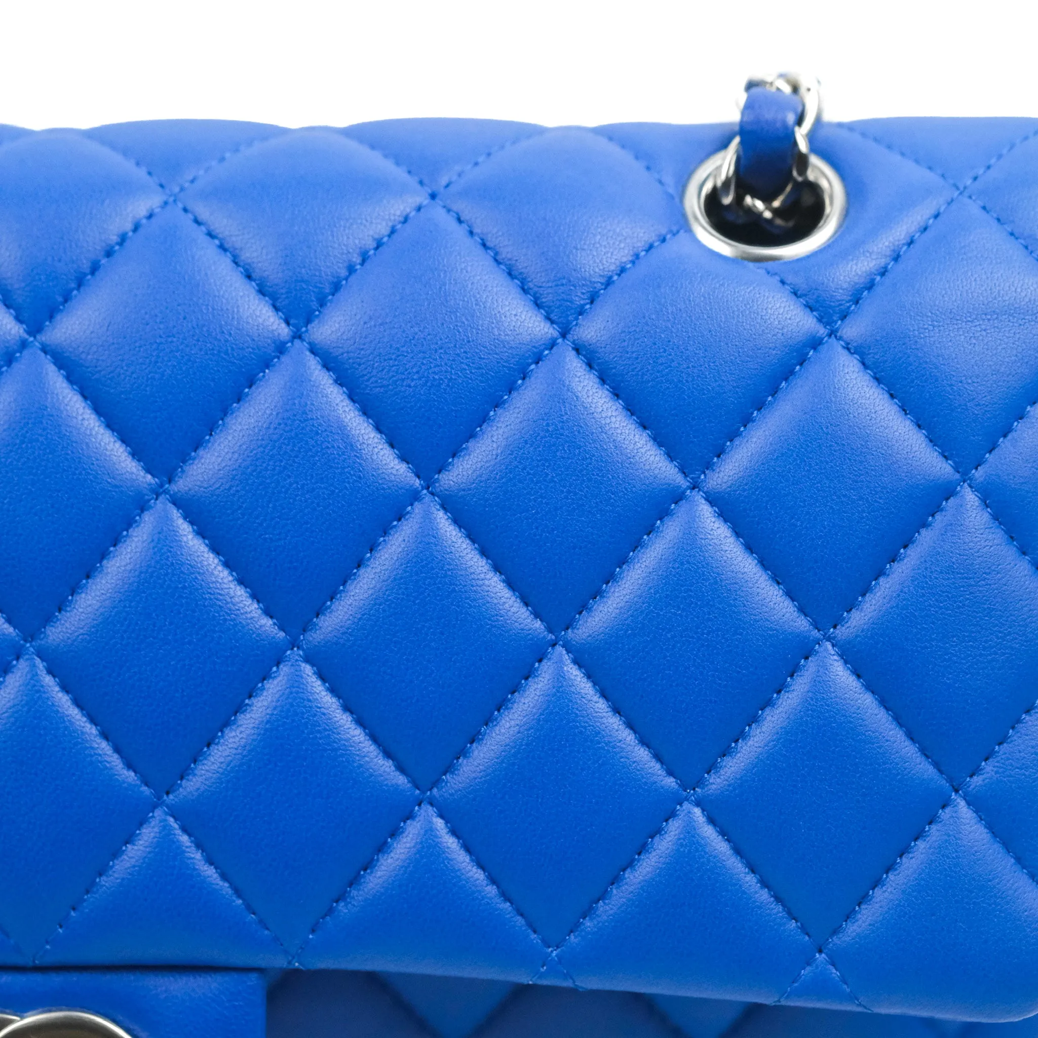 Chanel Classic M/L Medium Flap Quilted Blue Lambskin Silver Hardware