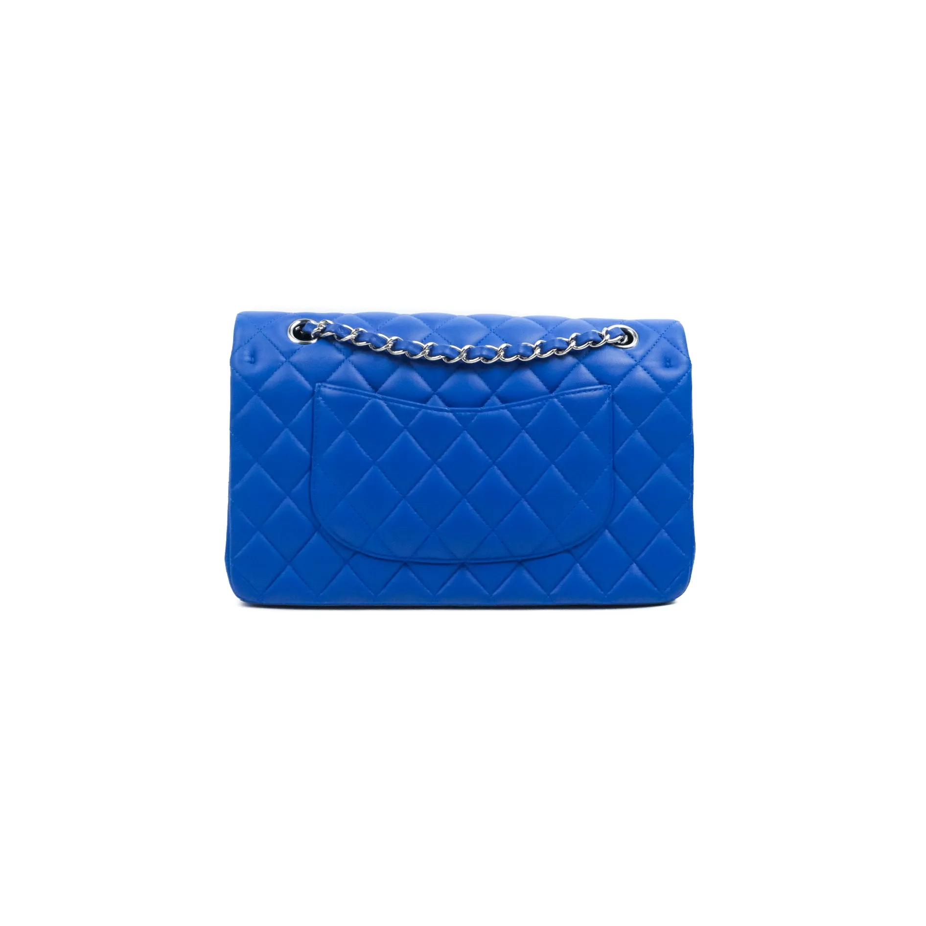 Chanel Classic M/L Medium Flap Quilted Blue Lambskin Silver Hardware
