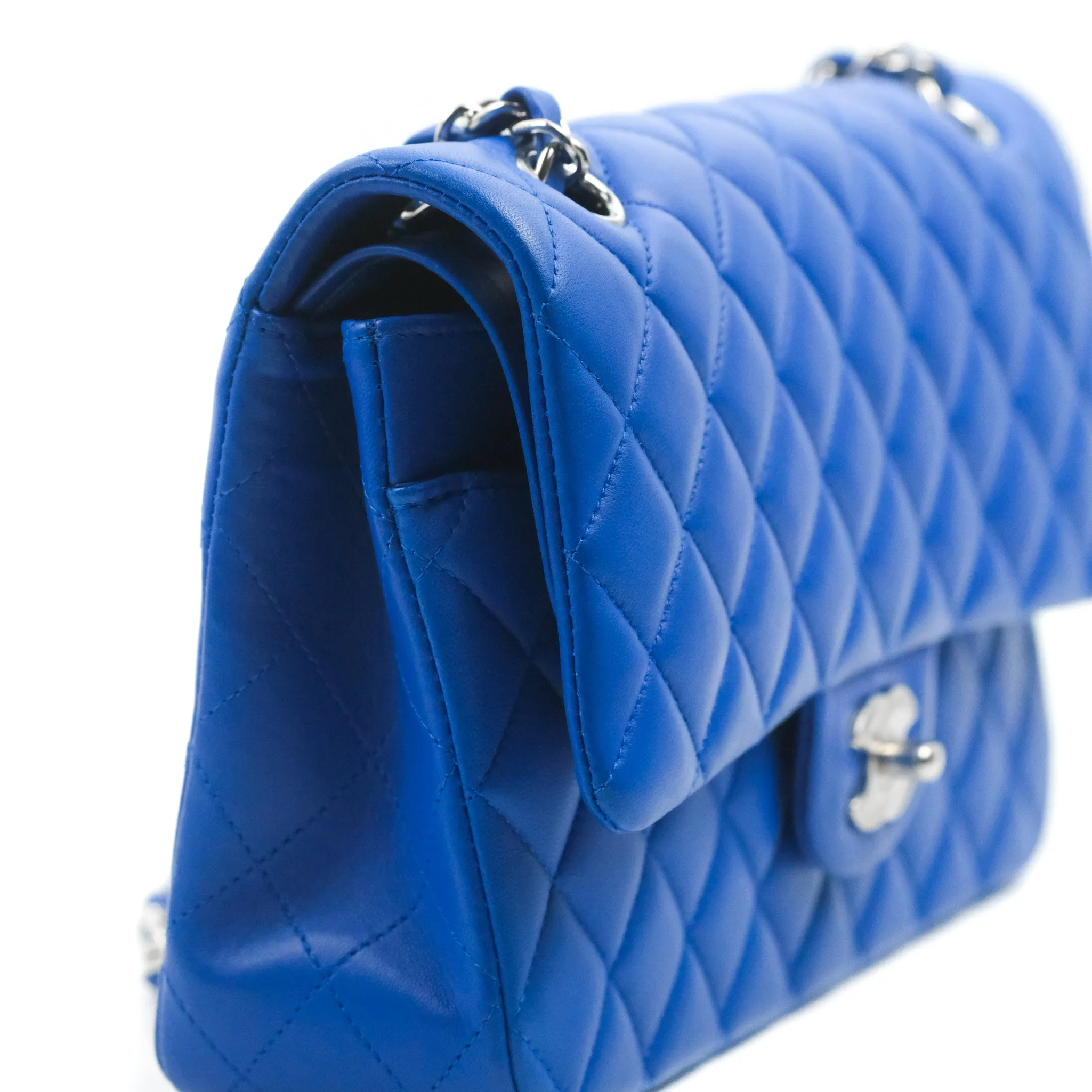Chanel Classic M/L Medium Flap Quilted Blue Lambskin Silver Hardware