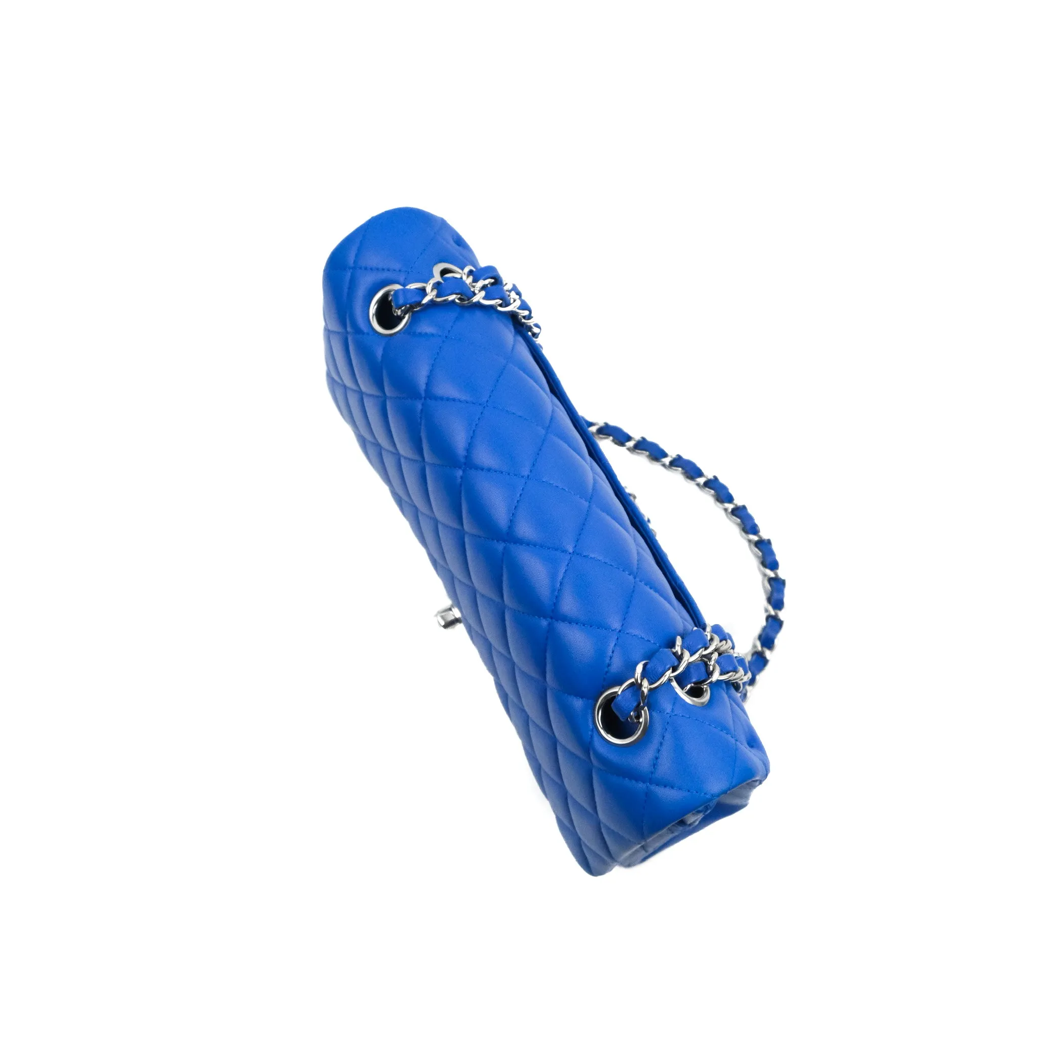 Chanel Classic M/L Medium Flap Quilted Blue Lambskin Silver Hardware