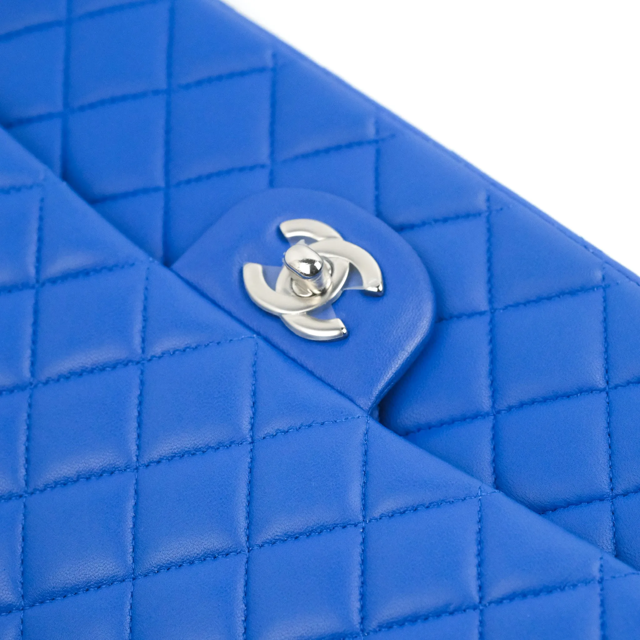 Chanel Classic M/L Medium Flap Quilted Blue Lambskin Silver Hardware