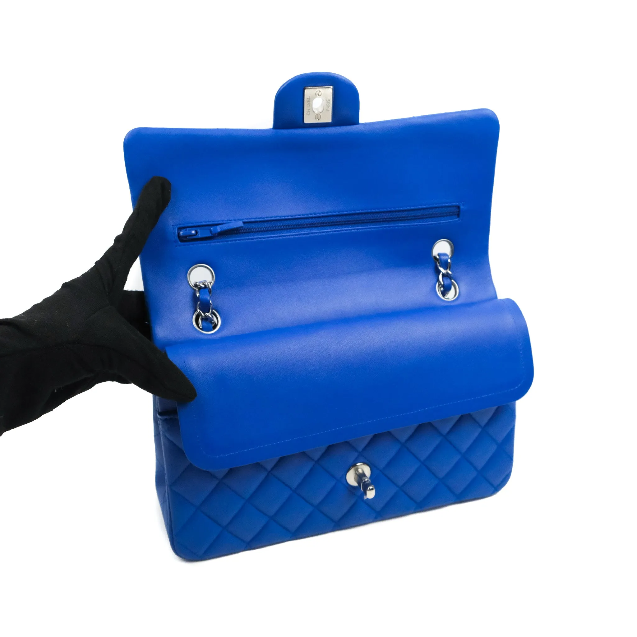 Chanel Classic M/L Medium Flap Quilted Blue Lambskin Silver Hardware
