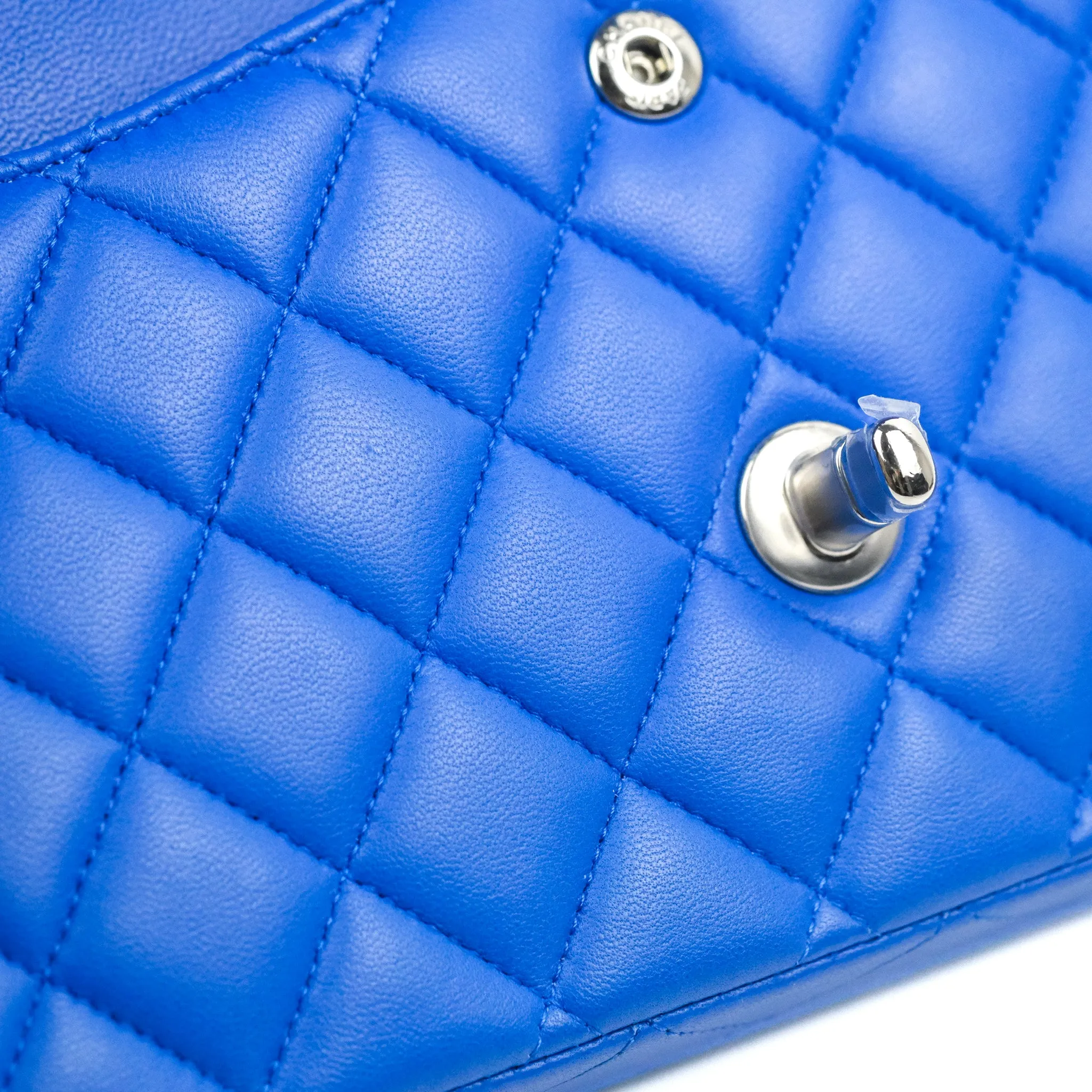 Chanel Classic M/L Medium Flap Quilted Blue Lambskin Silver Hardware