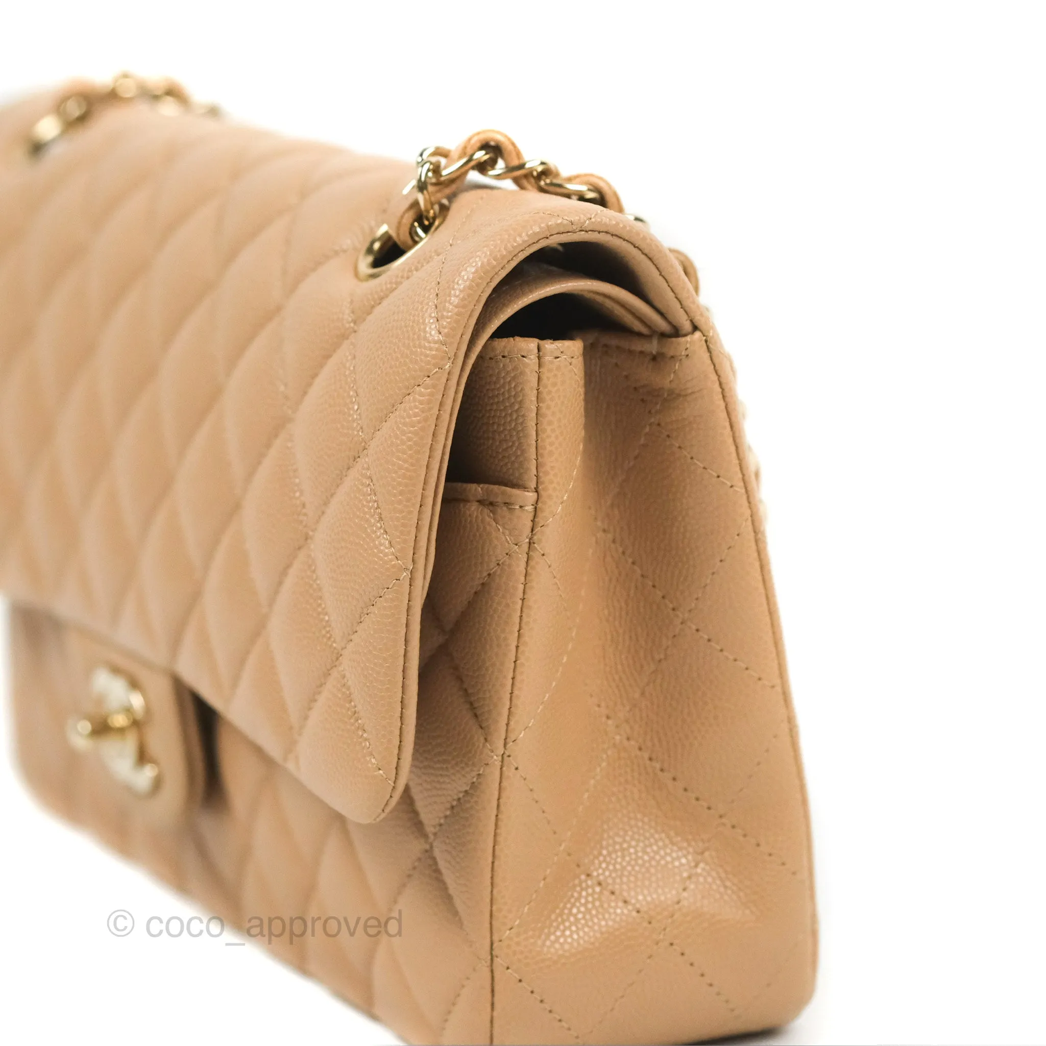 Chanel Classic M/L Medium Flap Quilted Dark Beige Caviar Gold Hardware 19B