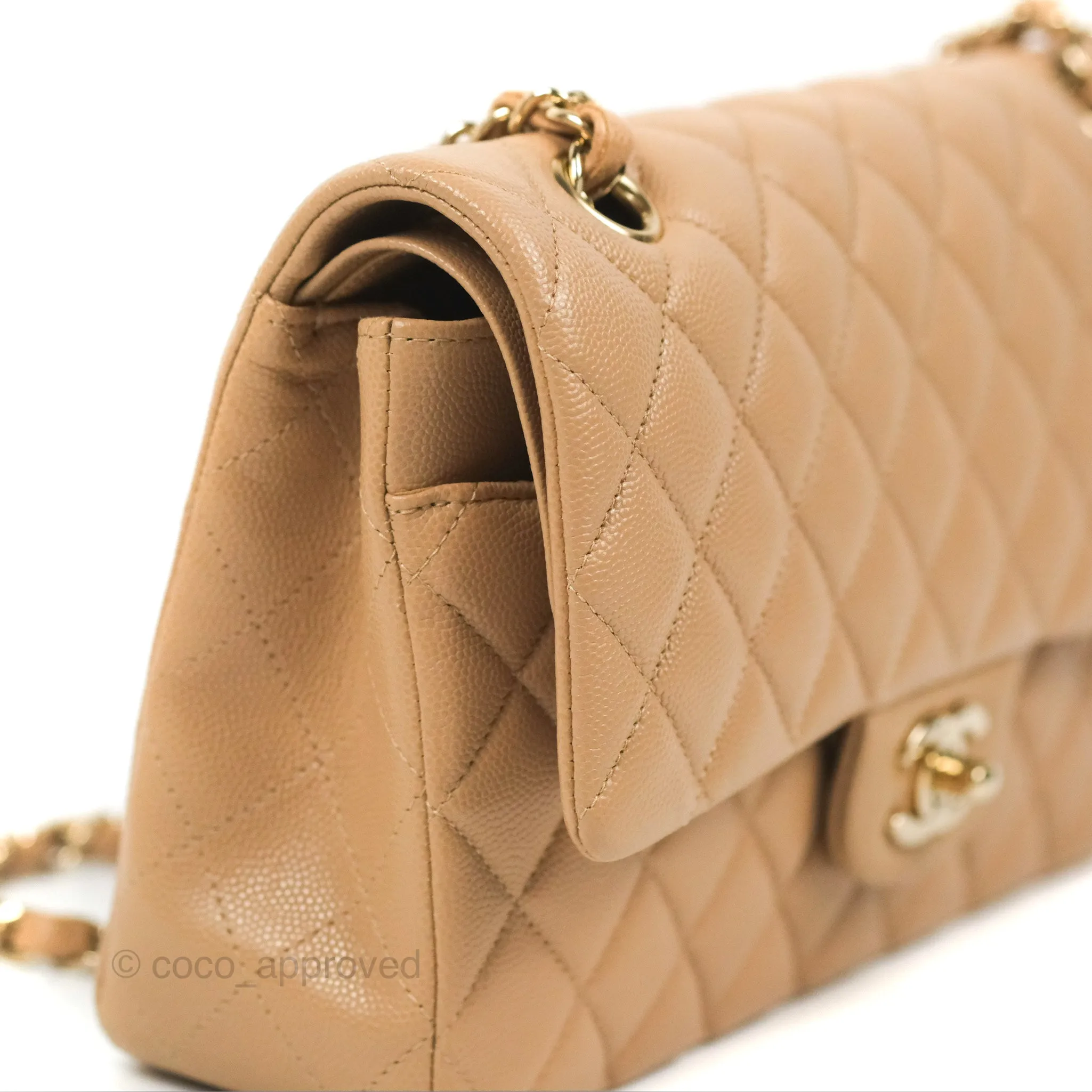 Chanel Classic M/L Medium Flap Quilted Dark Beige Caviar Gold Hardware 19B