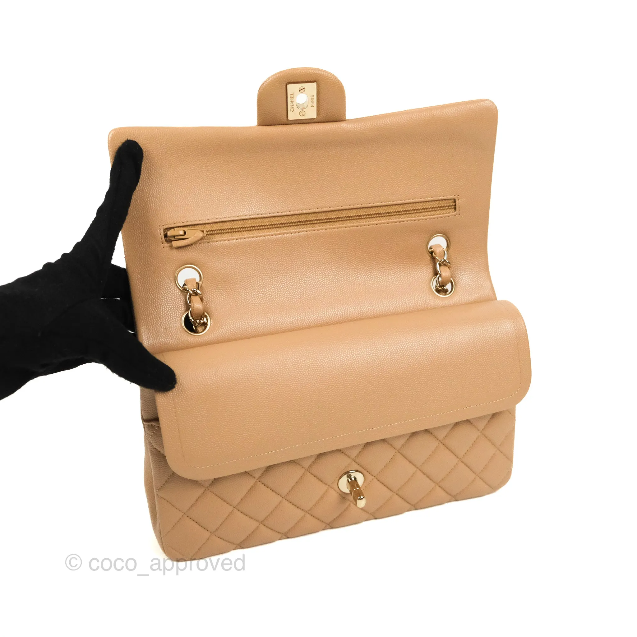 Chanel Classic M/L Medium Flap Quilted Dark Beige Caviar Gold Hardware 19B