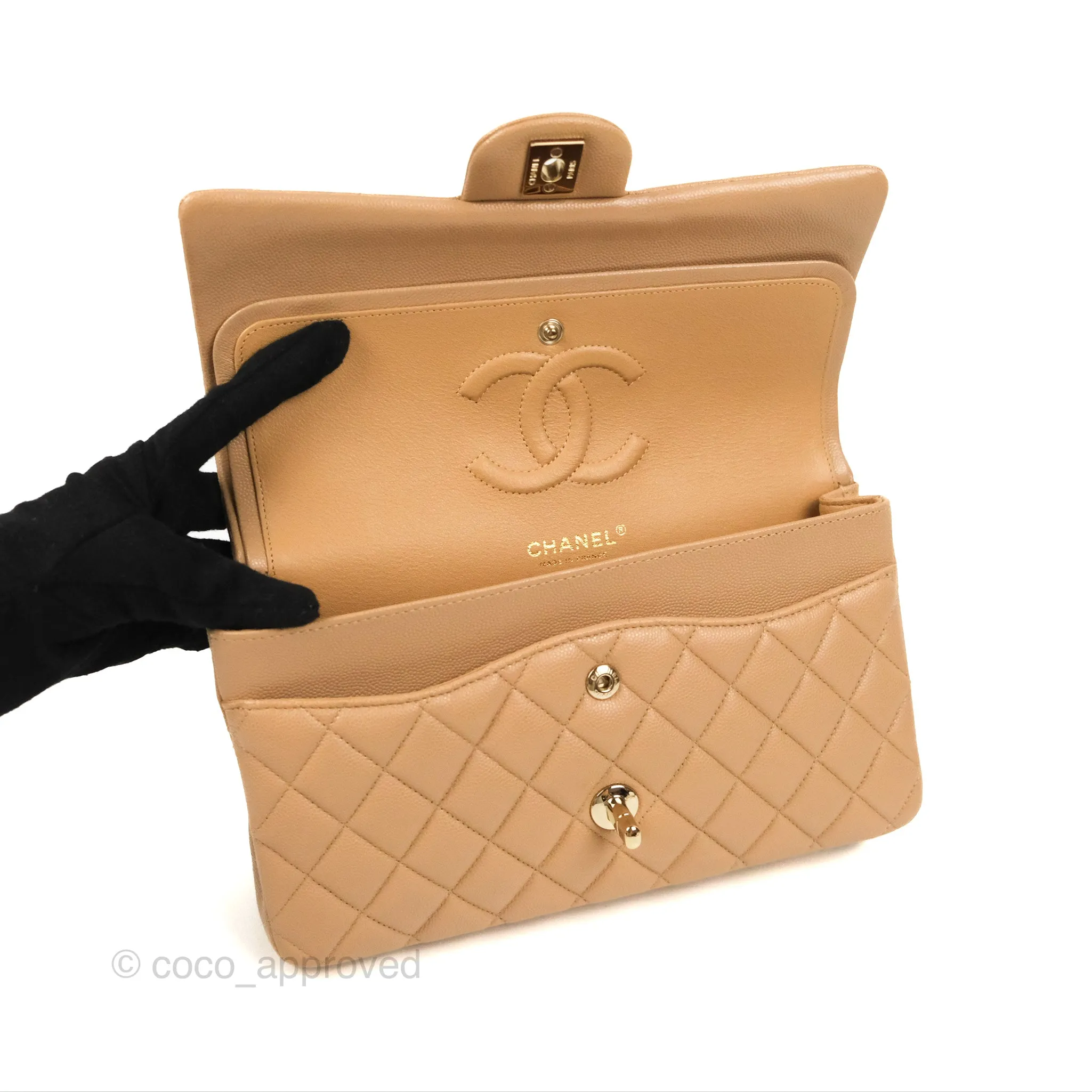 Chanel Classic M/L Medium Flap Quilted Dark Beige Caviar Gold Hardware 19B