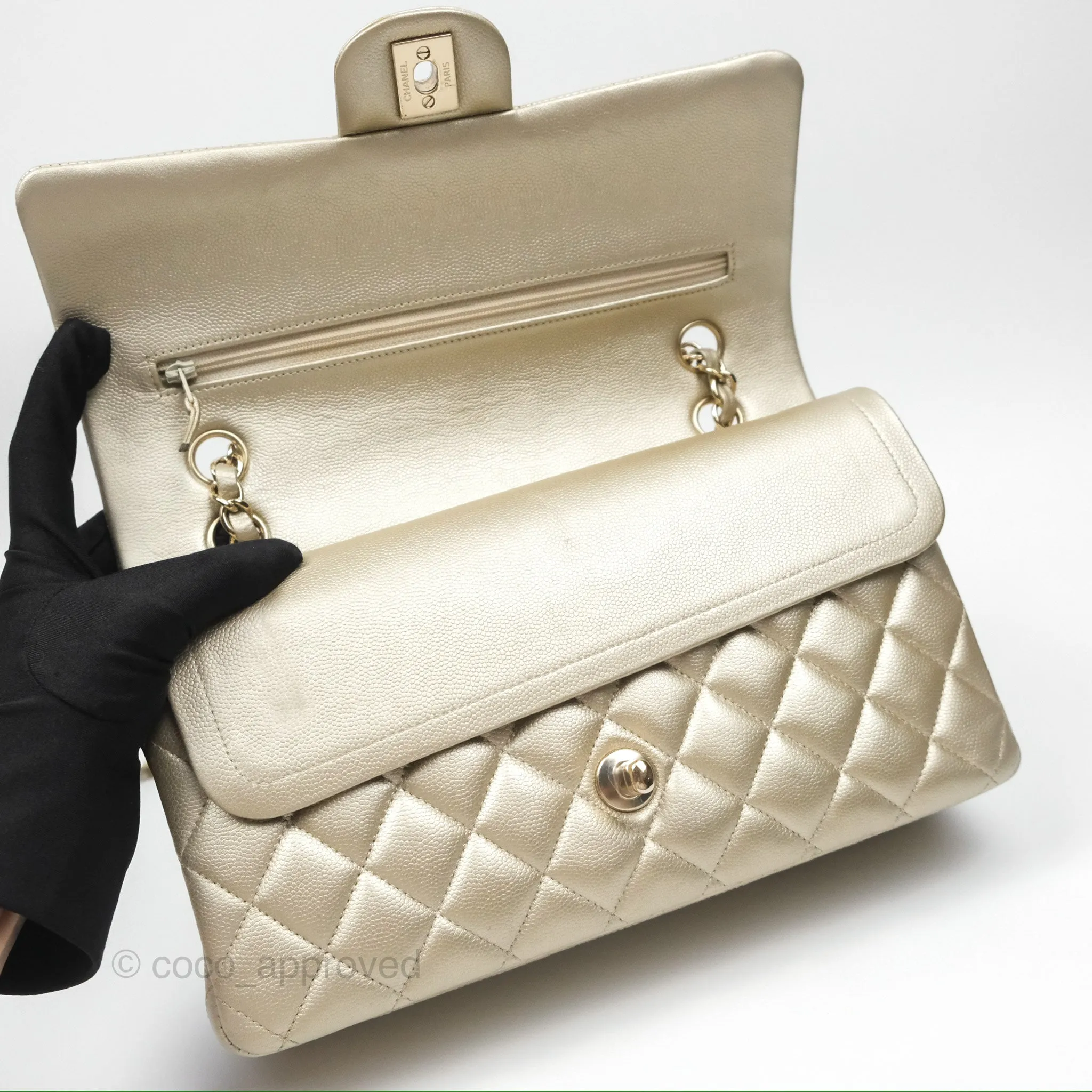 Chanel Classic M/L Medium Flap Quilted Gold Caviar Gold Gold Hardware