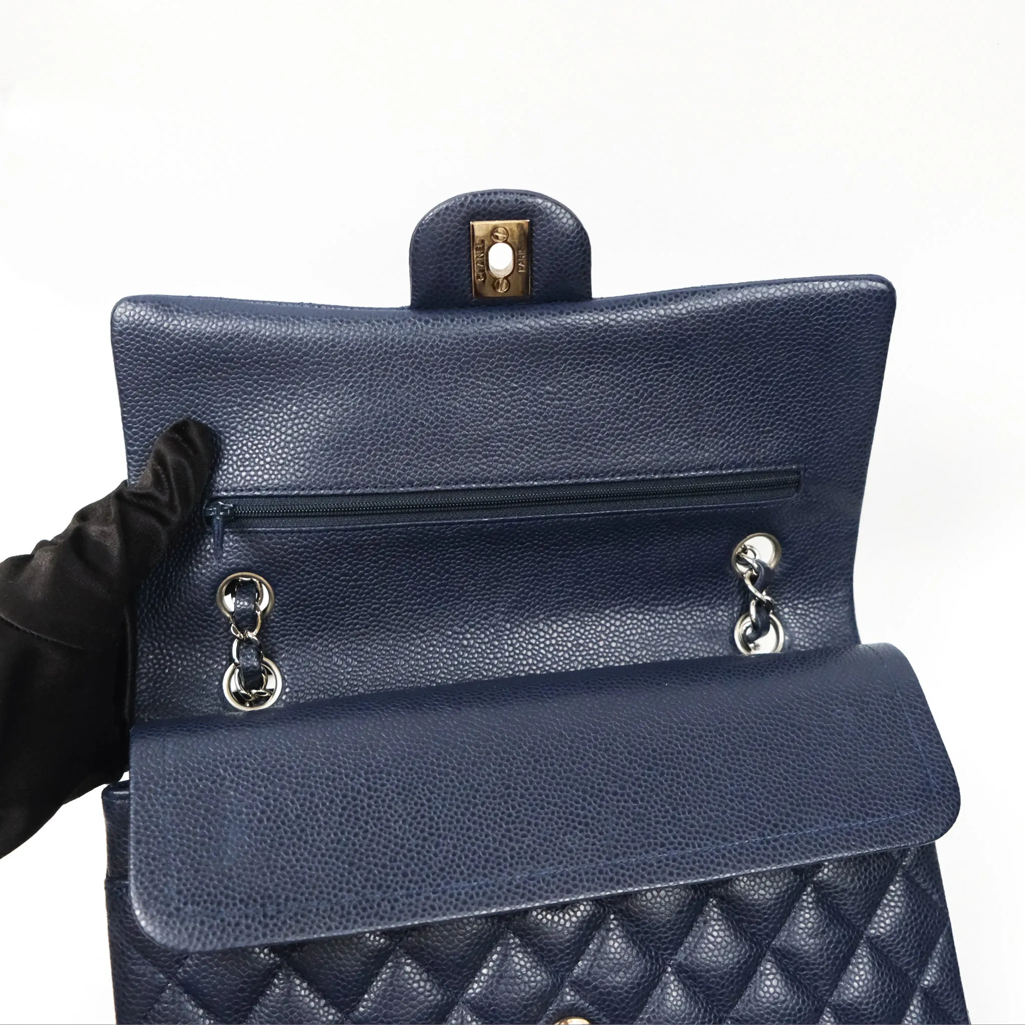 Chanel Classic M/L Medium Flap Quilted Navy Caviar Silver Hardware