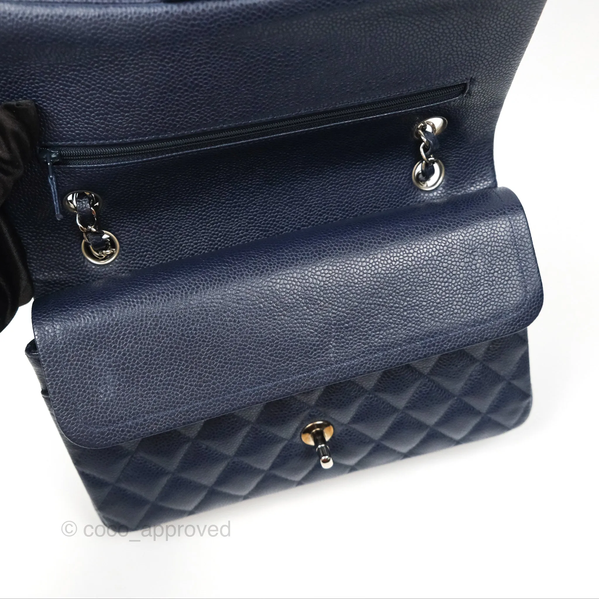 Chanel Classic M/L Medium Flap Quilted Navy Caviar Silver Hardware