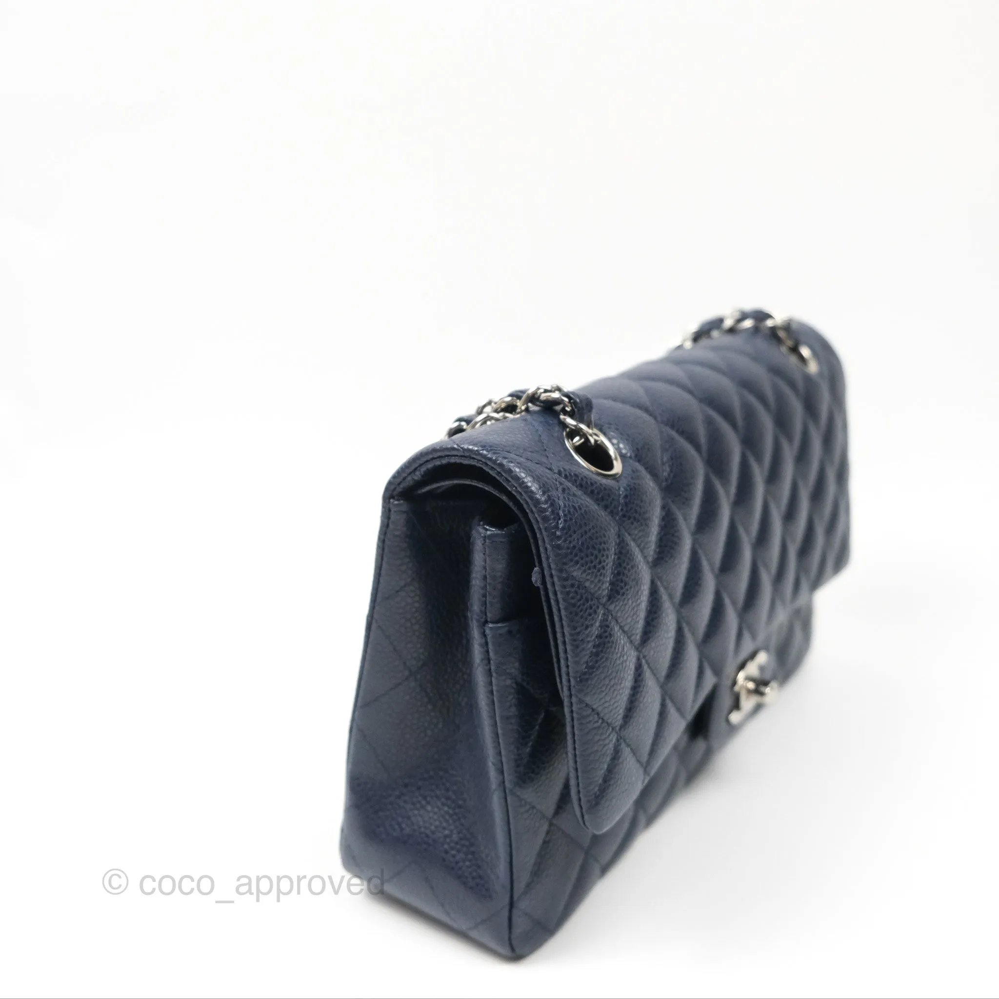 Chanel Classic M/L Medium Flap Quilted Navy Caviar Silver Hardware