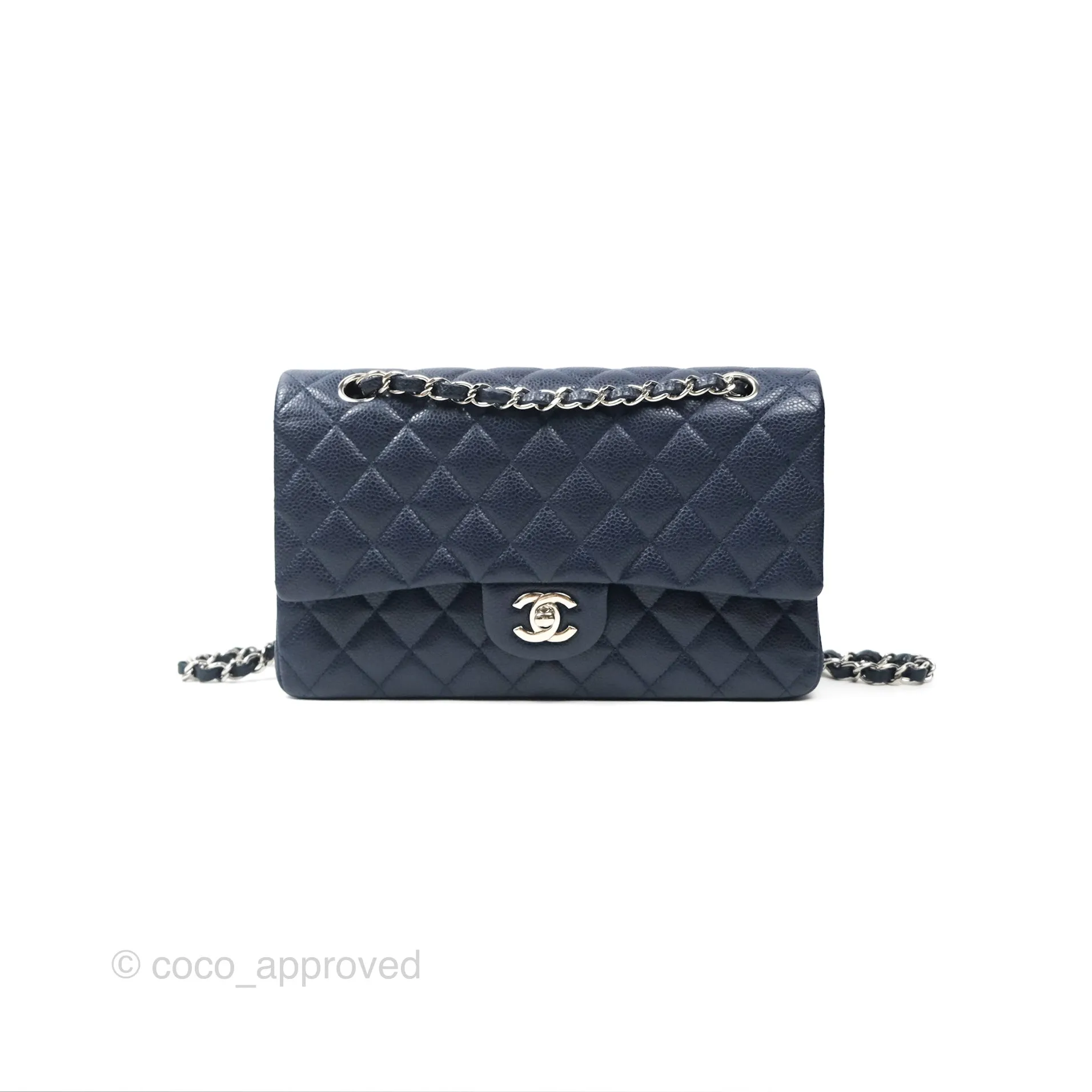Chanel Classic M/L Medium Flap Quilted Navy Caviar Silver Hardware