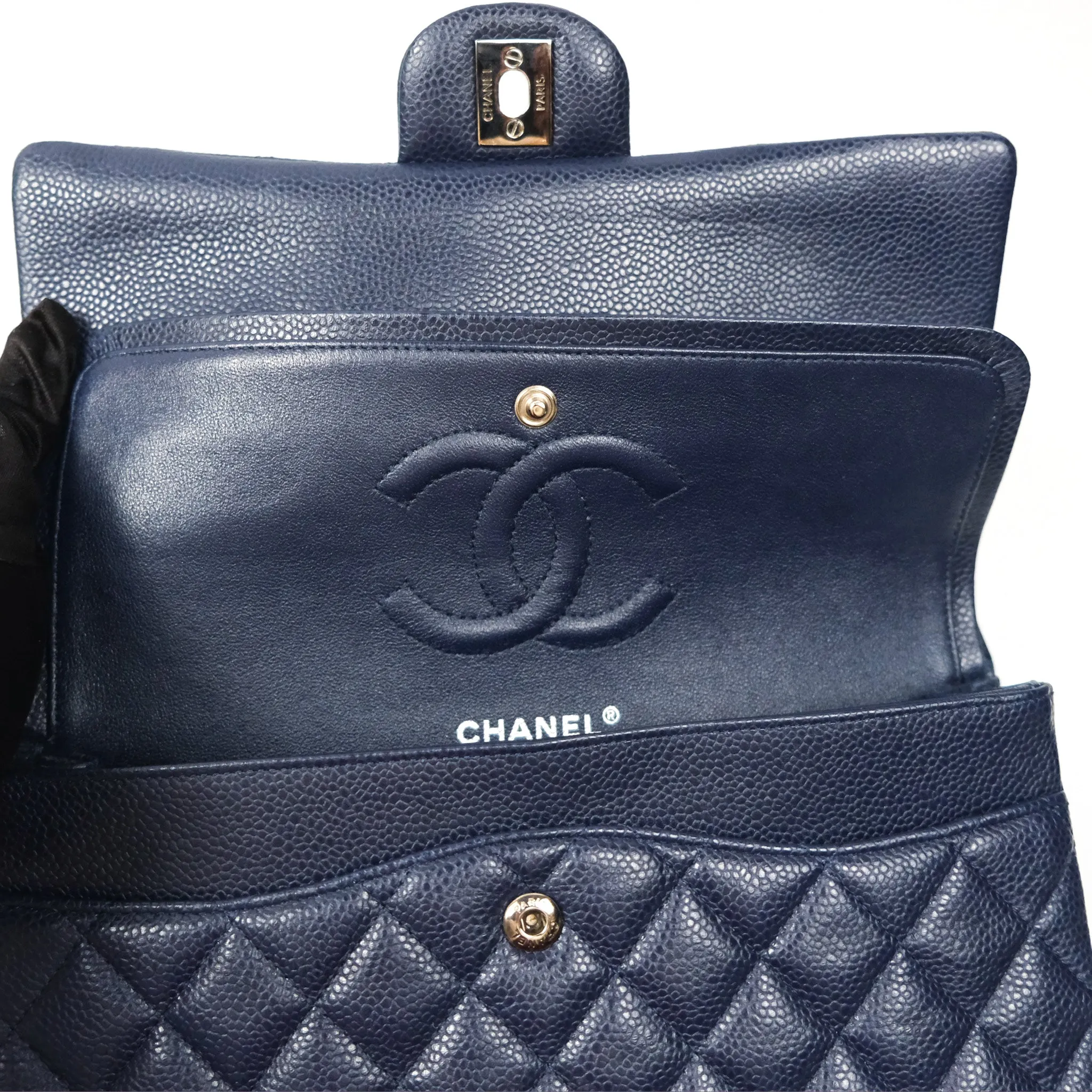 Chanel Classic M/L Medium Flap Quilted Navy Caviar Silver Hardware