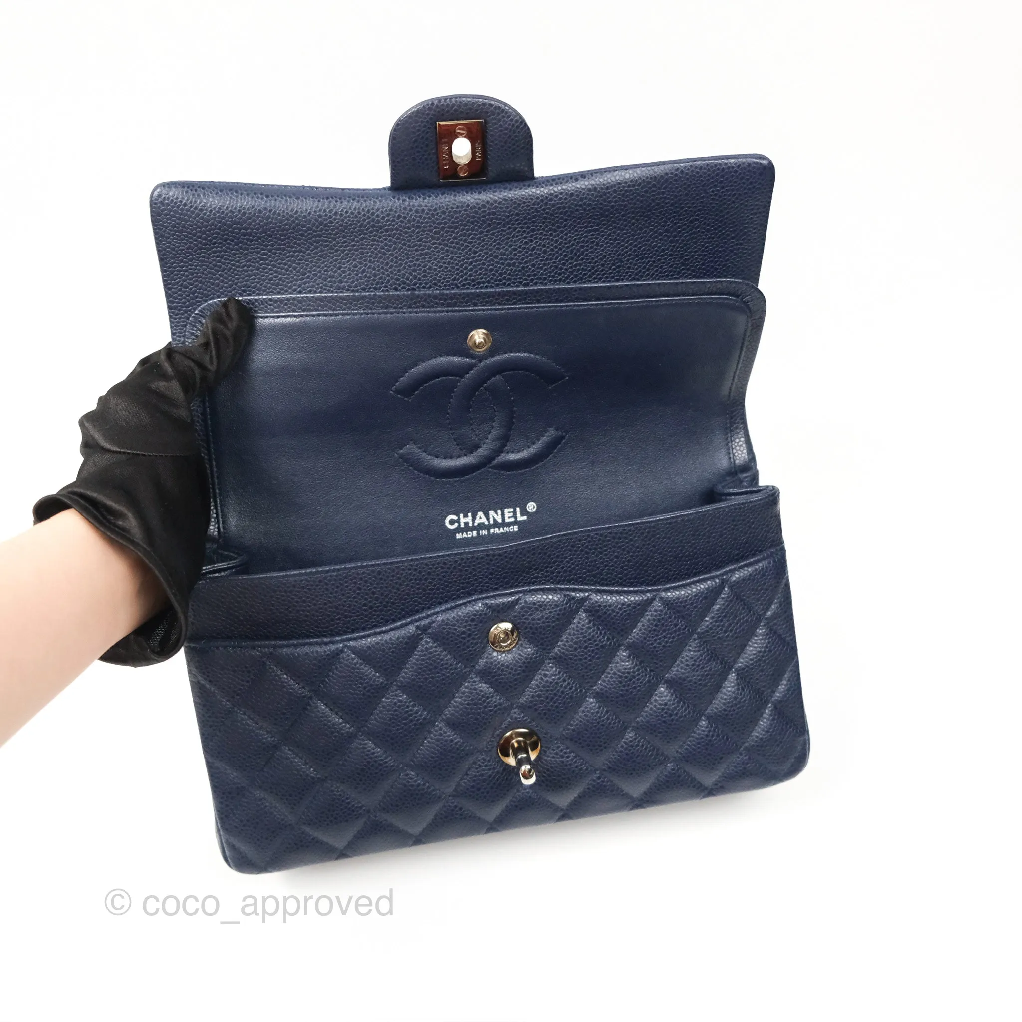 Chanel Classic M/L Medium Flap Quilted Navy Caviar Silver Hardware