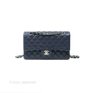Chanel Classic M/L Medium Flap Quilted Navy Caviar Silver Hardware