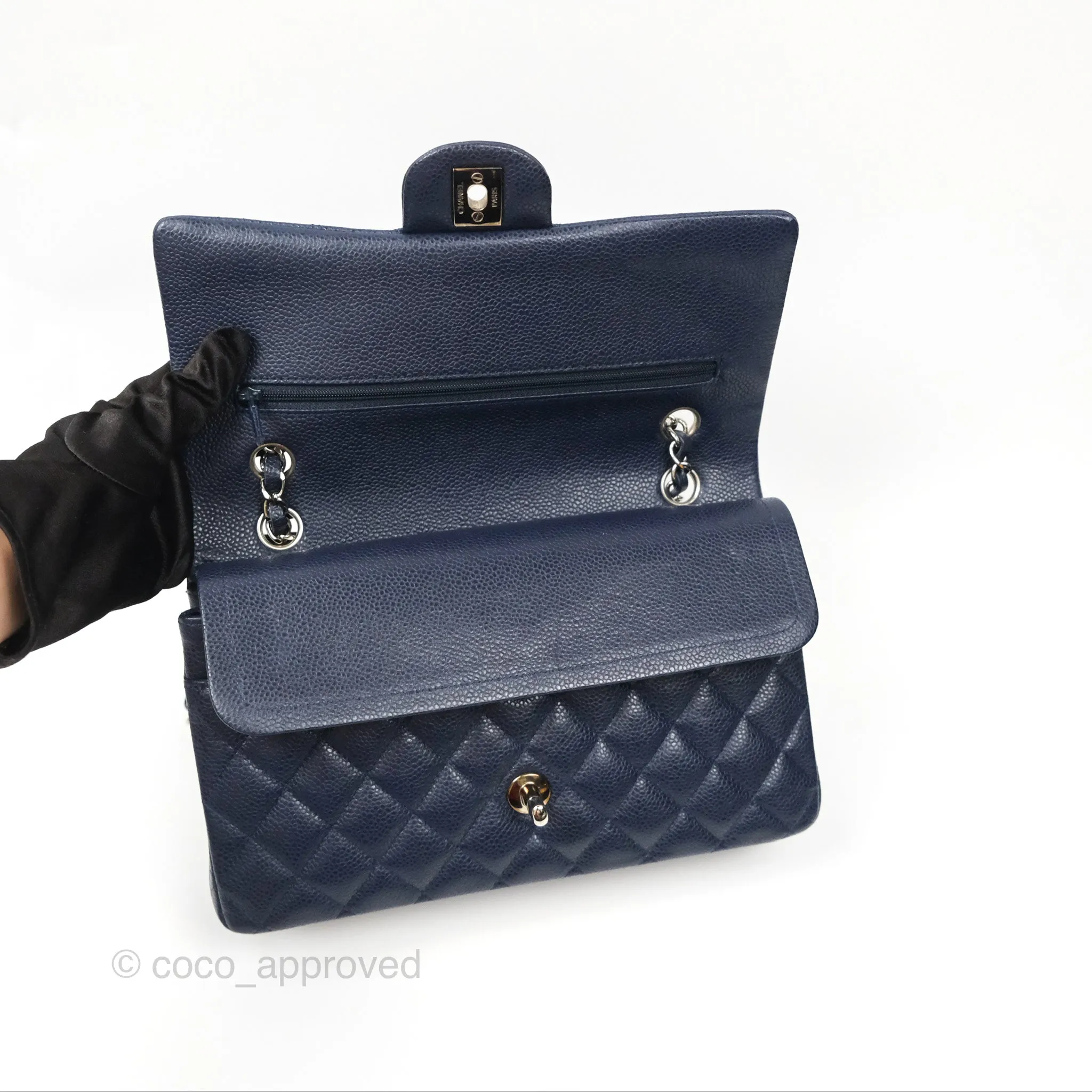 Chanel Classic M/L Medium Flap Quilted Navy Caviar Silver Hardware