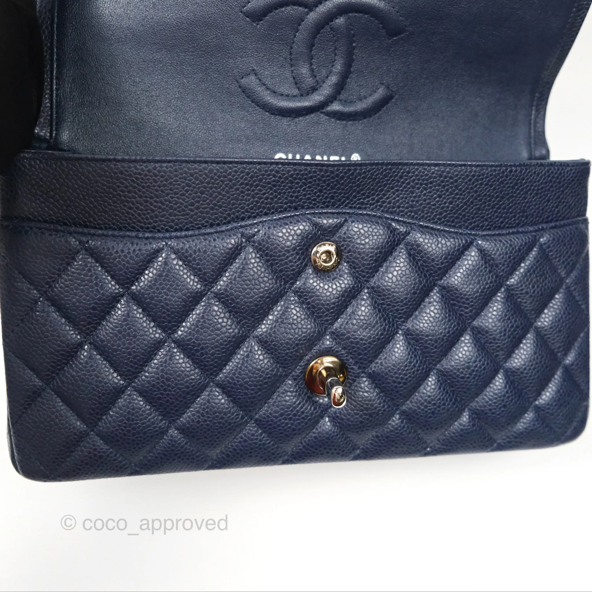 Chanel Classic M/L Medium Flap Quilted Navy Caviar Silver Hardware
