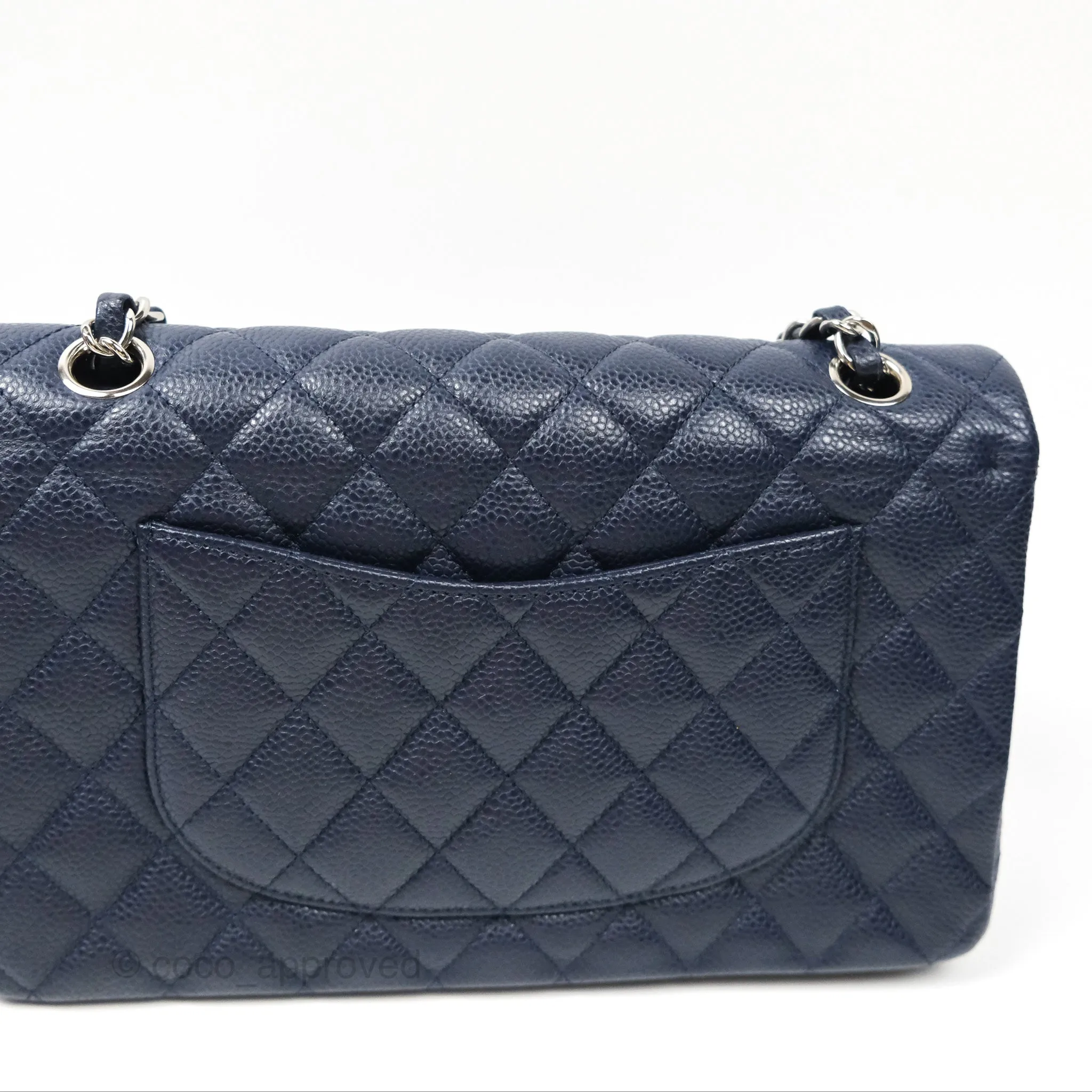 Chanel Classic M/L Medium Flap Quilted Navy Caviar Silver Hardware