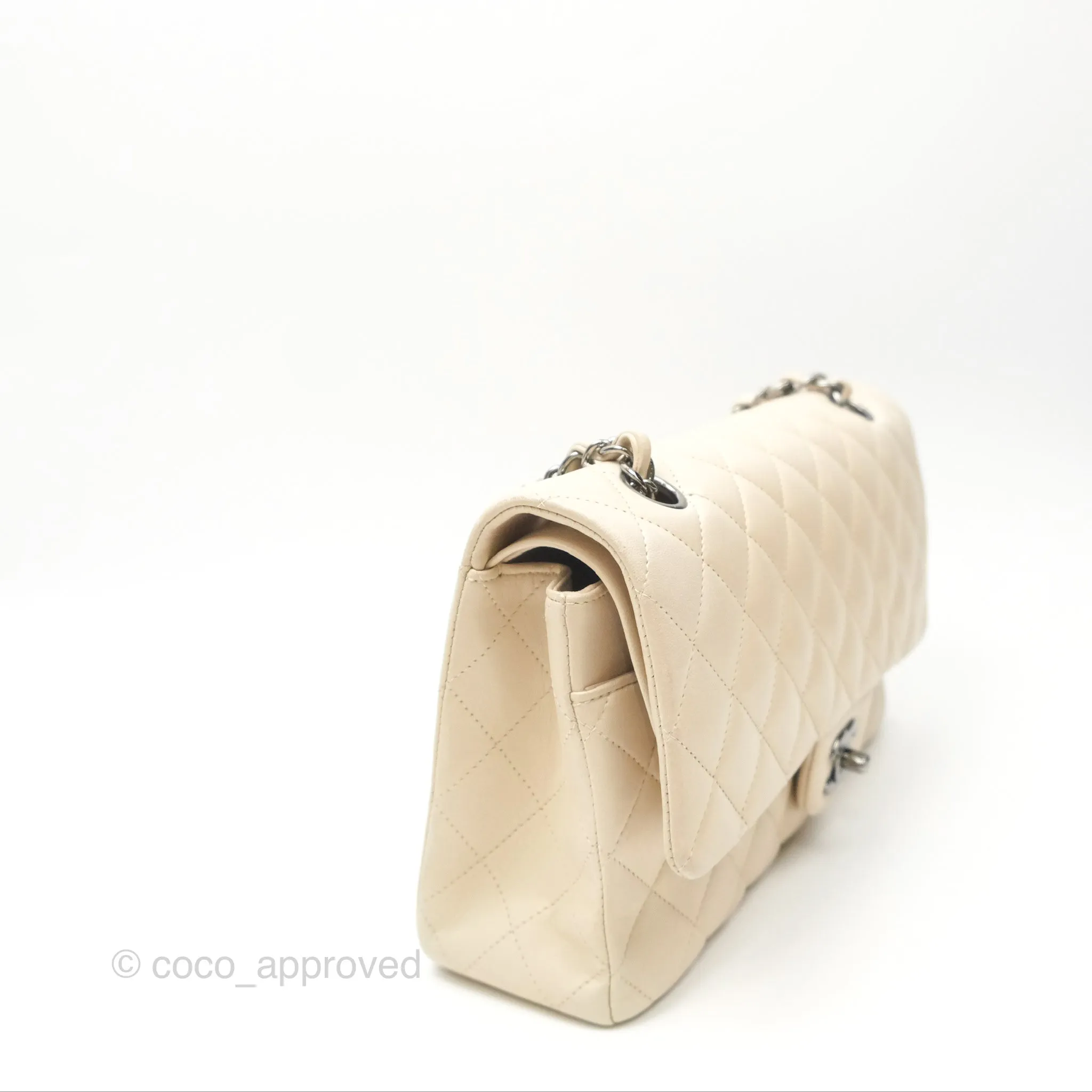 Chanel Classic M/L Medium Flap Quilted Pale Beige Lambskin Gun Metal