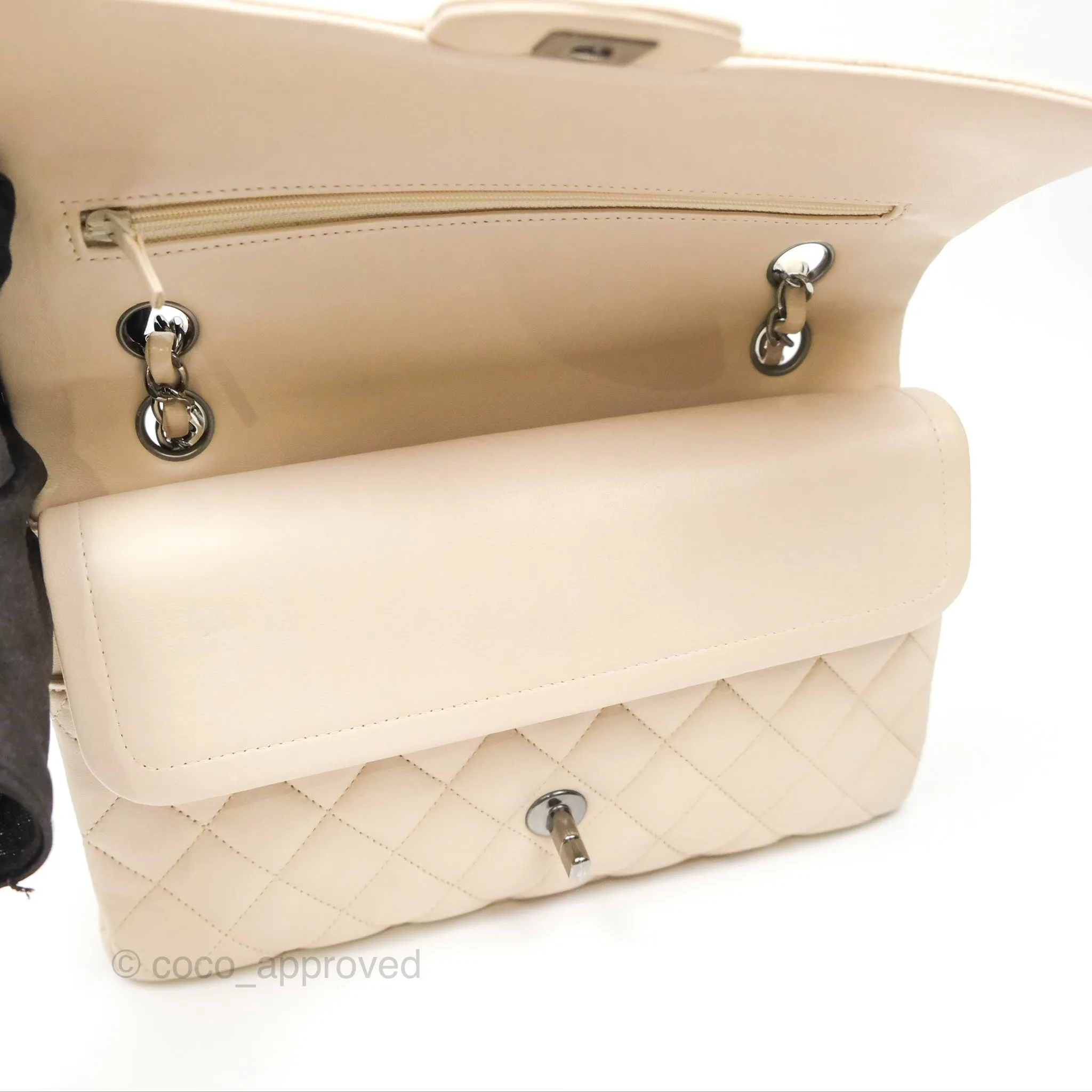 Chanel Classic M/L Medium Flap Quilted Pale Beige Lambskin Gun Metal