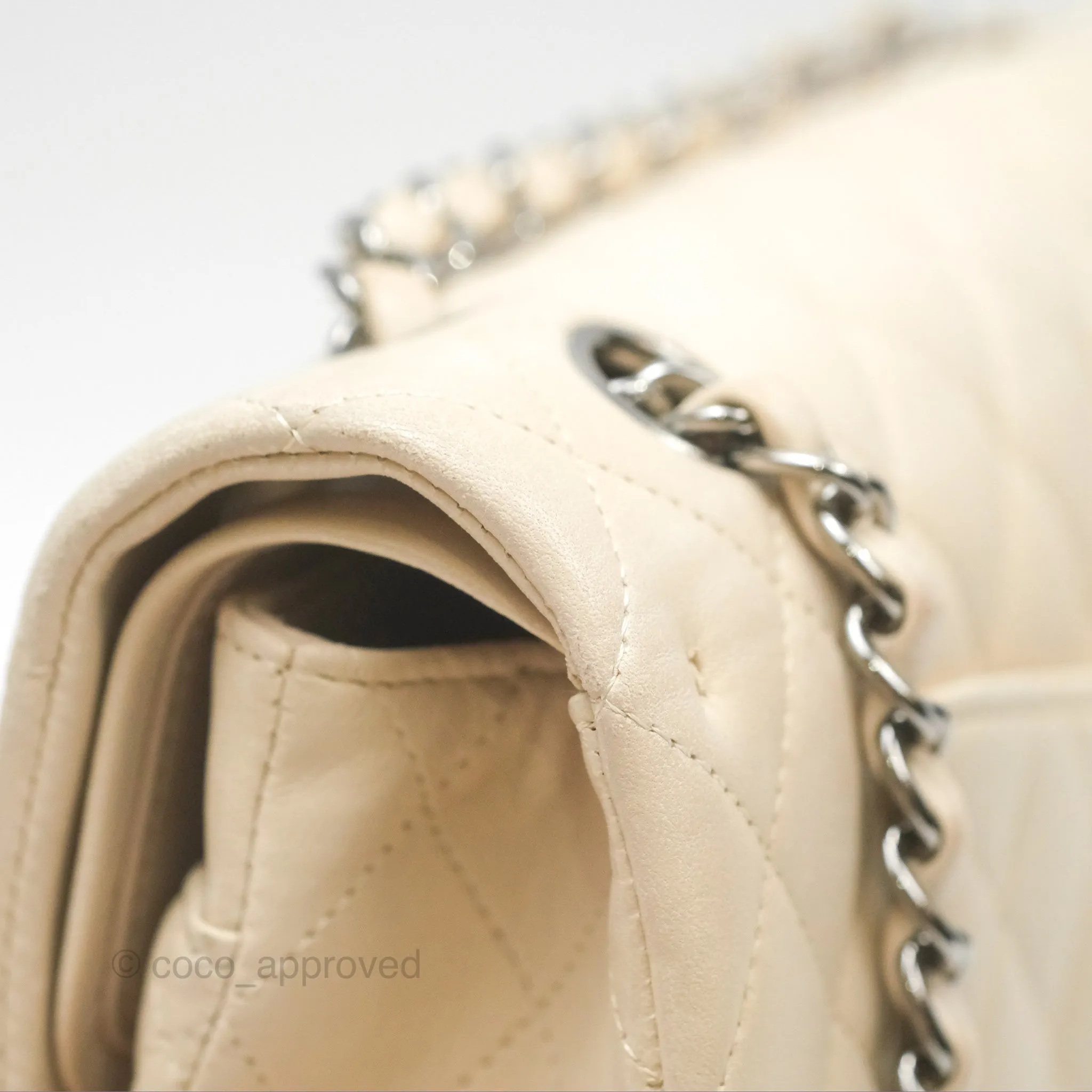 Chanel Classic M/L Medium Flap Quilted Pale Beige Lambskin Gun Metal