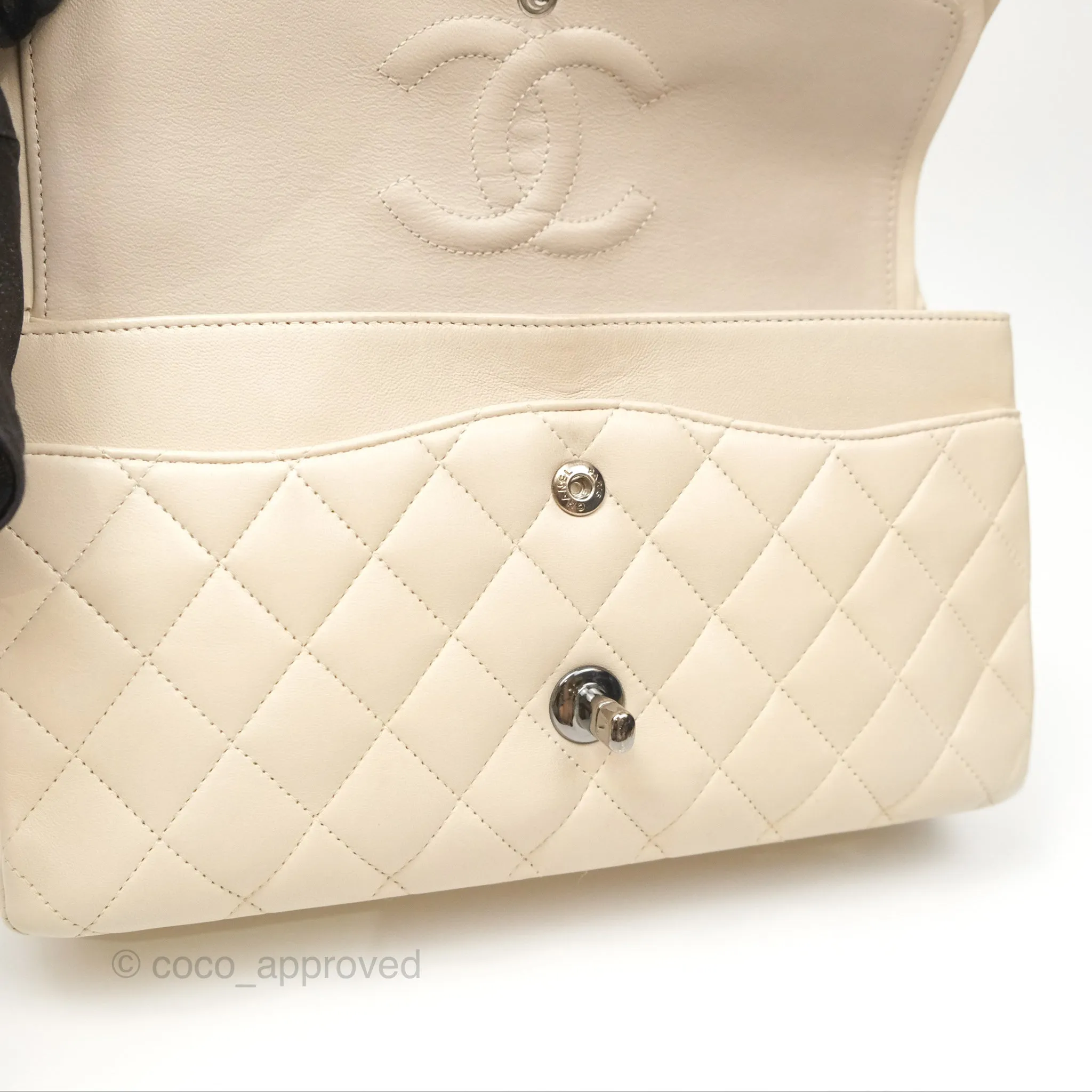 Chanel Classic M/L Medium Flap Quilted Pale Beige Lambskin Gun Metal