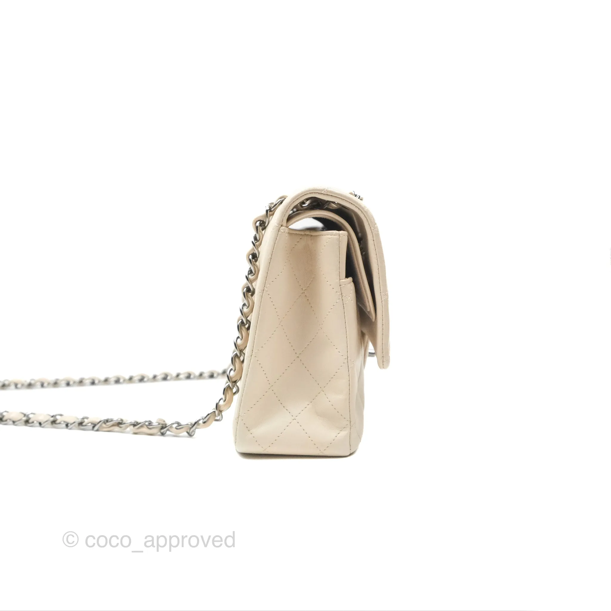 Chanel Classic M/L Medium Flap Quilted Pale Beige Lambskin Gun Metal