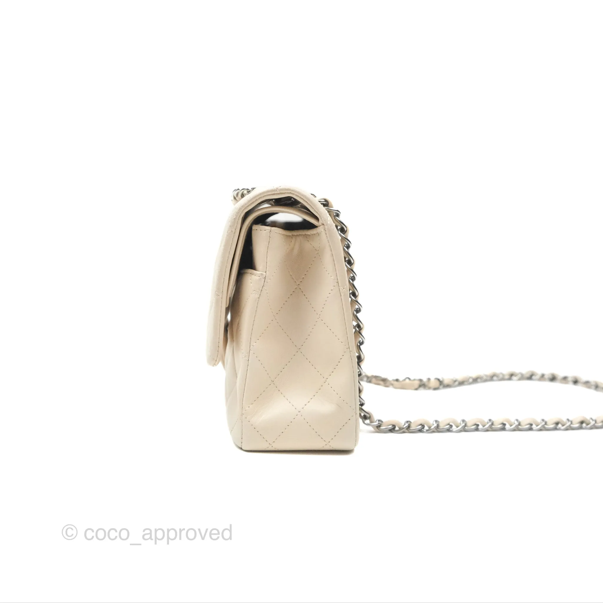 Chanel Classic M/L Medium Flap Quilted Pale Beige Lambskin Gun Metal