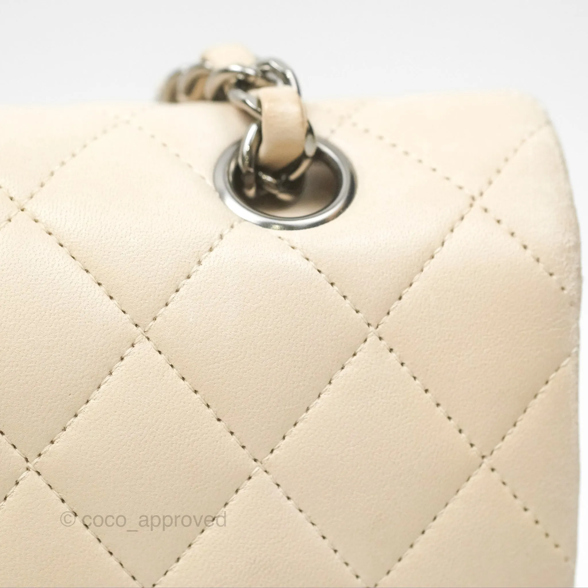 Chanel Classic M/L Medium Flap Quilted Pale Beige Lambskin Gun Metal