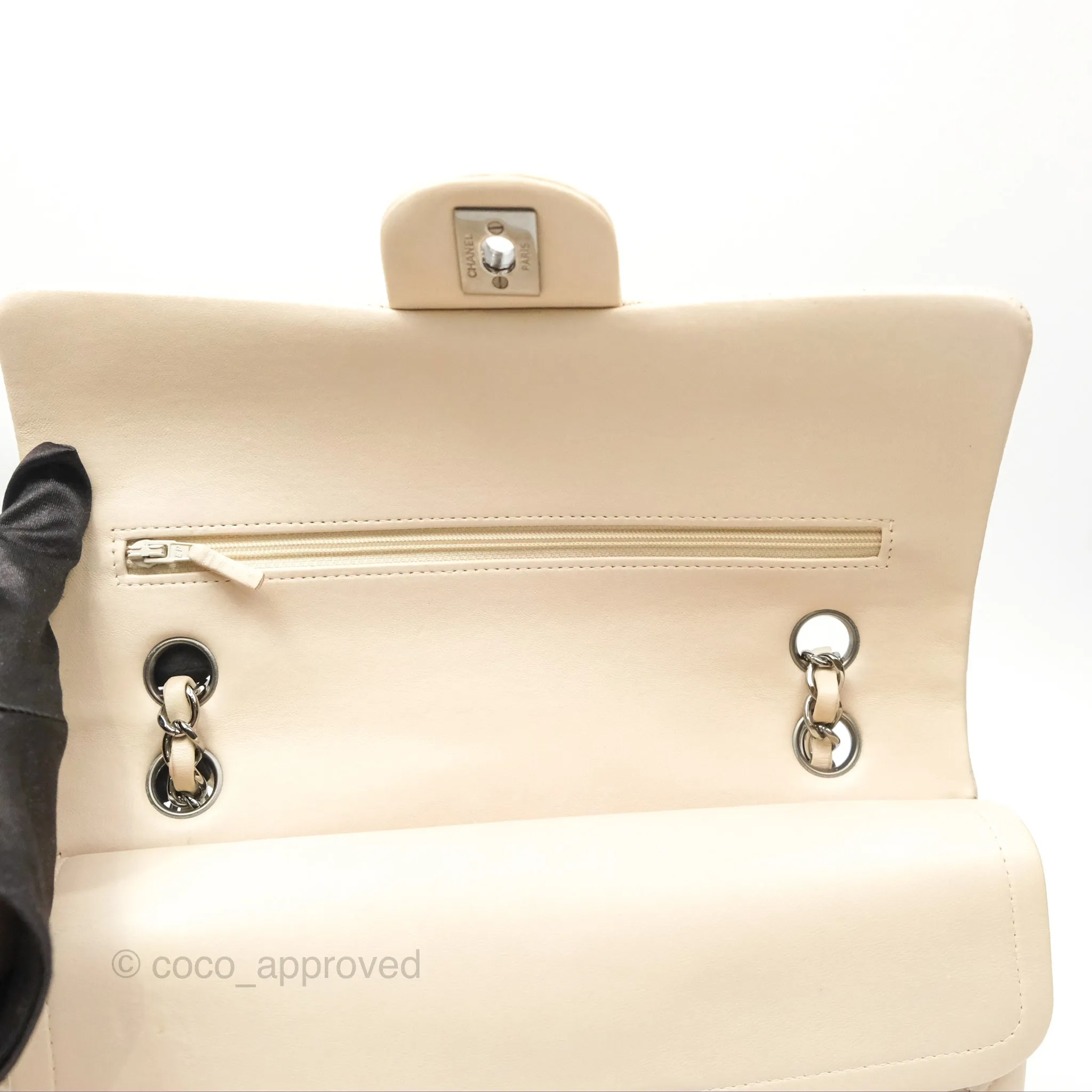 Chanel Classic M/L Medium Flap Quilted Pale Beige Lambskin Gun Metal