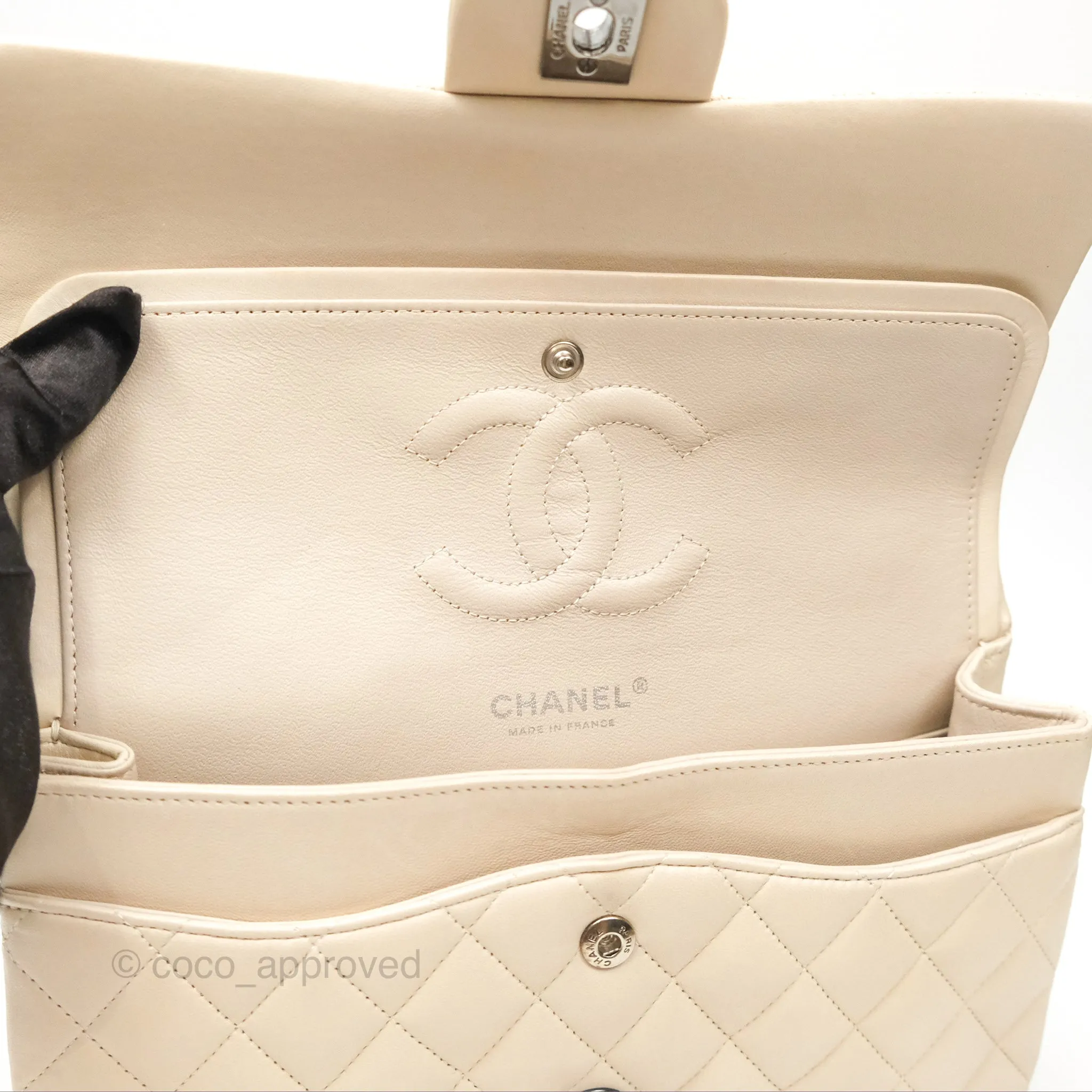 Chanel Classic M/L Medium Flap Quilted Pale Beige Lambskin Gun Metal