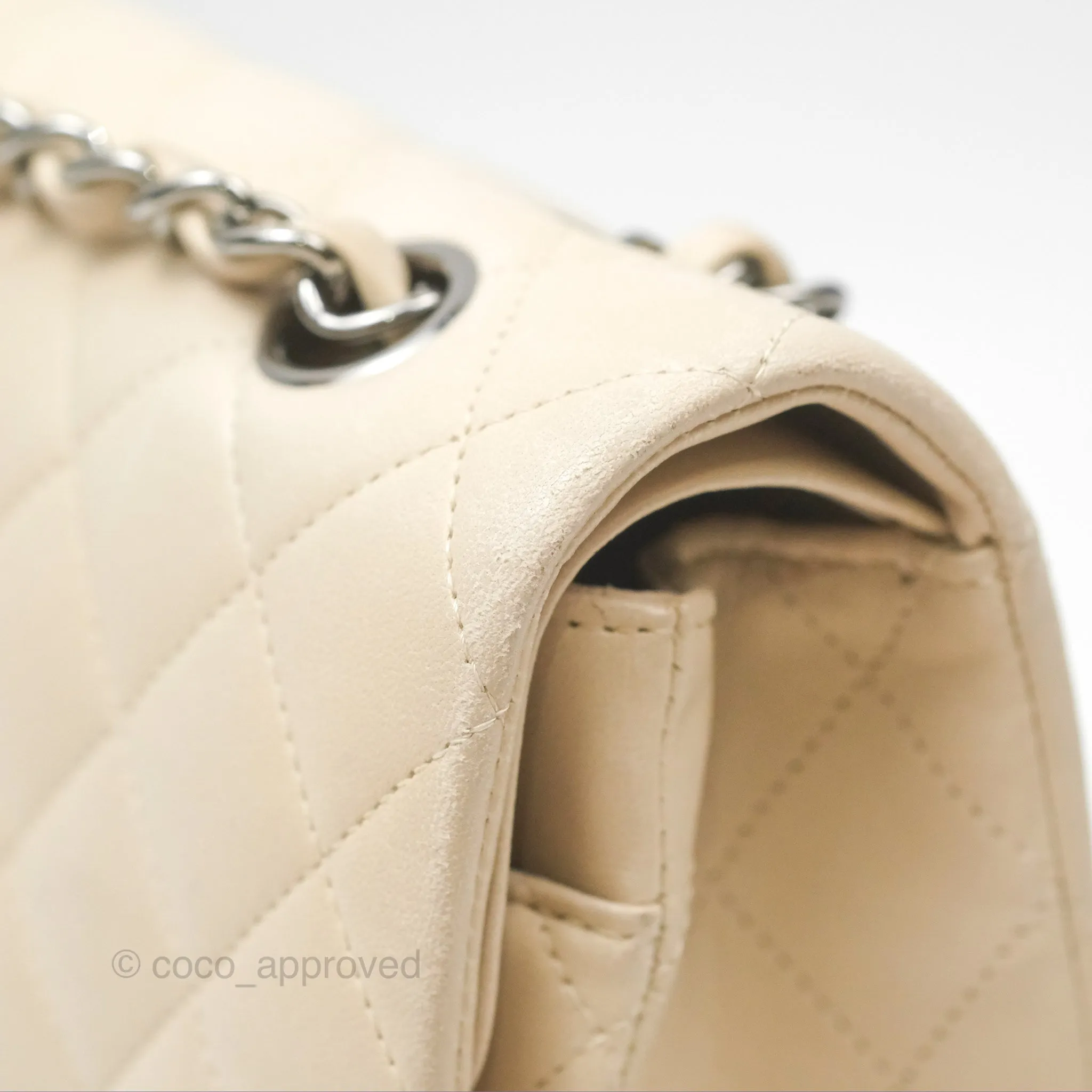 Chanel Classic M/L Medium Flap Quilted Pale Beige Lambskin Gun Metal