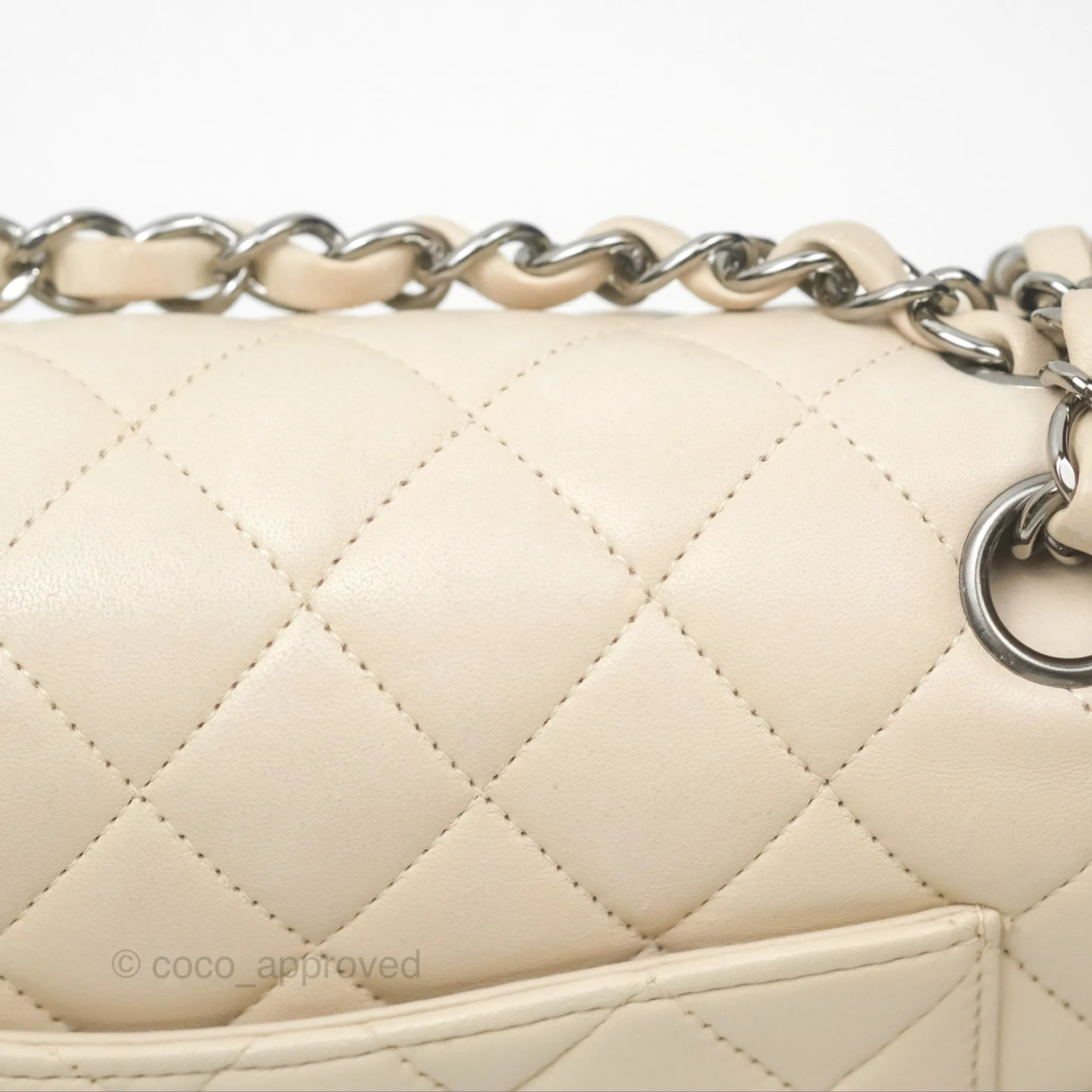 Chanel Classic M/L Medium Flap Quilted Pale Beige Lambskin Gun Metal