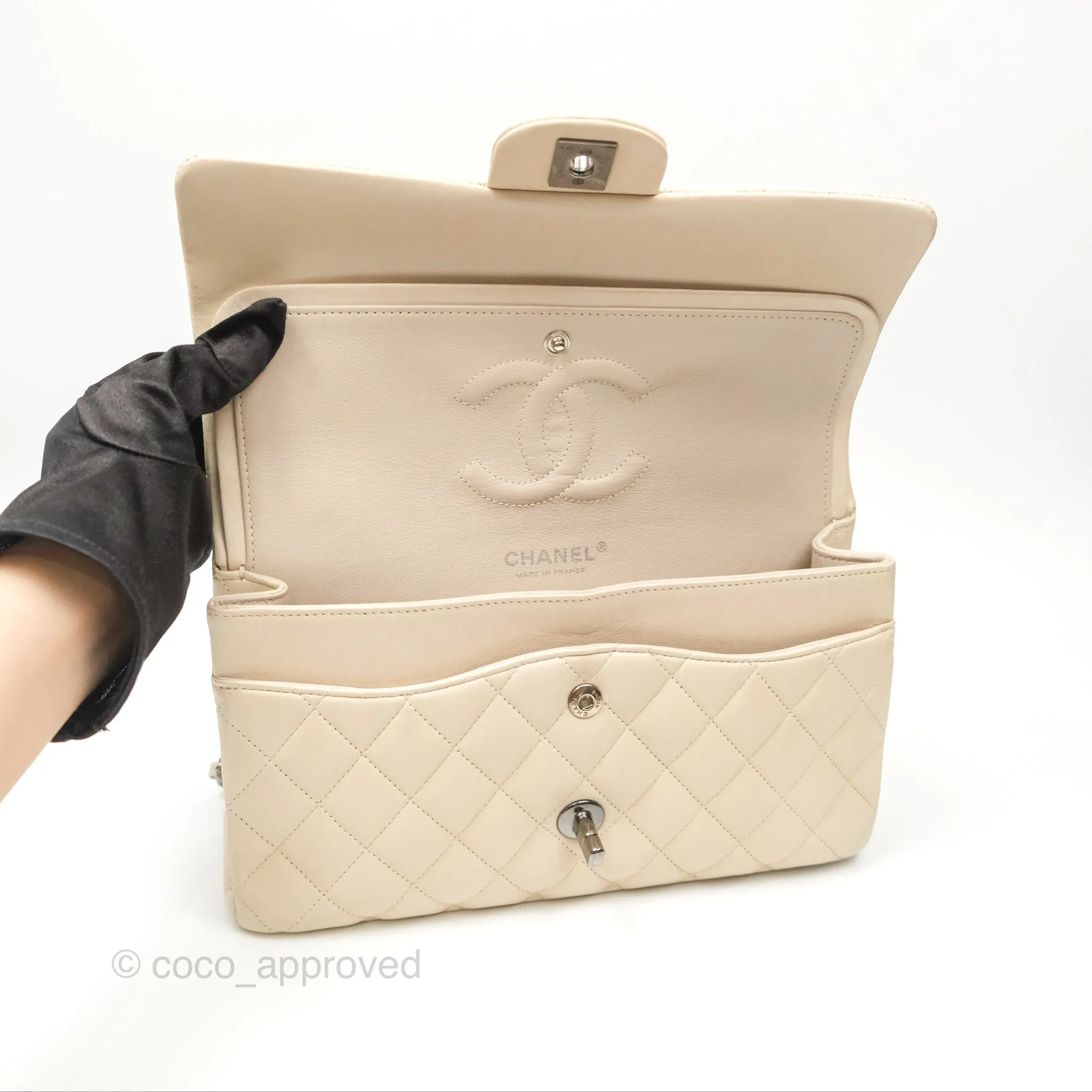Chanel Classic M/L Medium Flap Quilted Pale Beige Lambskin Gun Metal