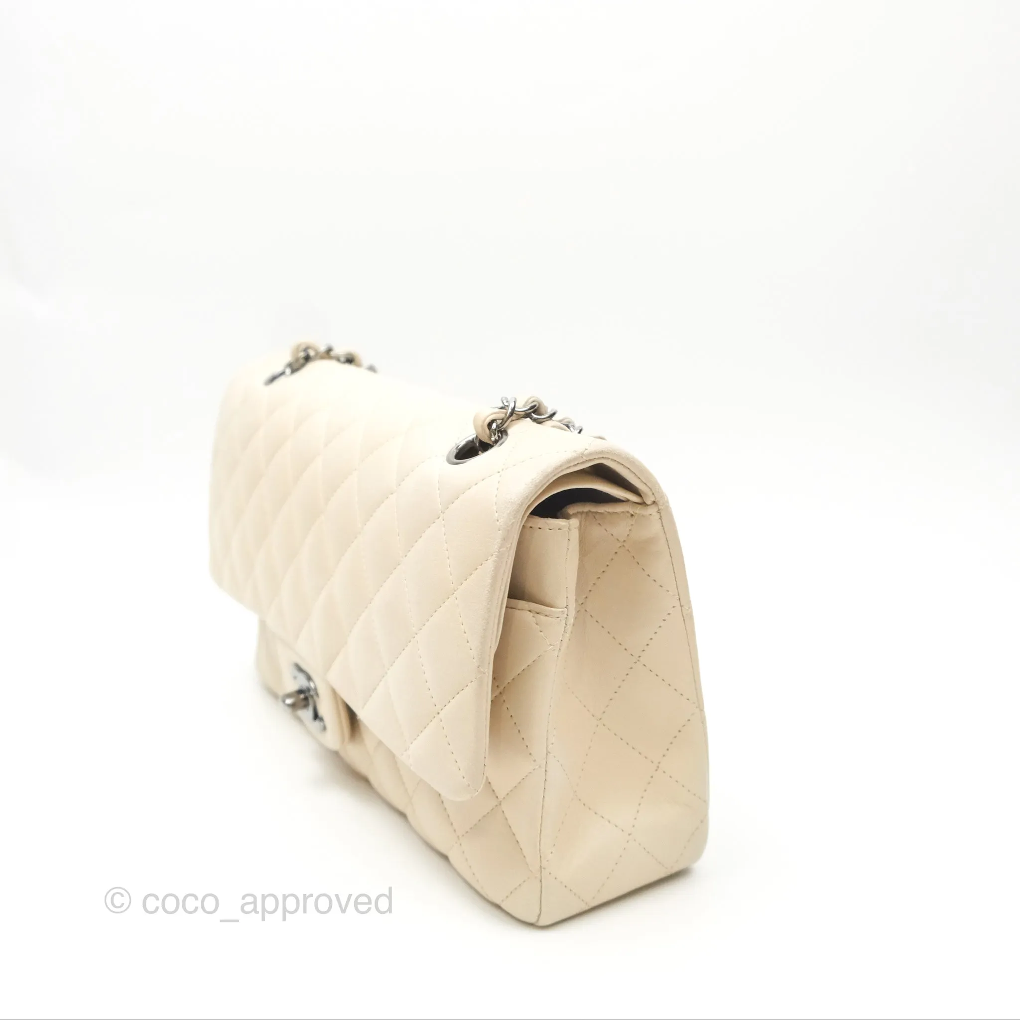 Chanel Classic M/L Medium Flap Quilted Pale Beige Lambskin Gun Metal