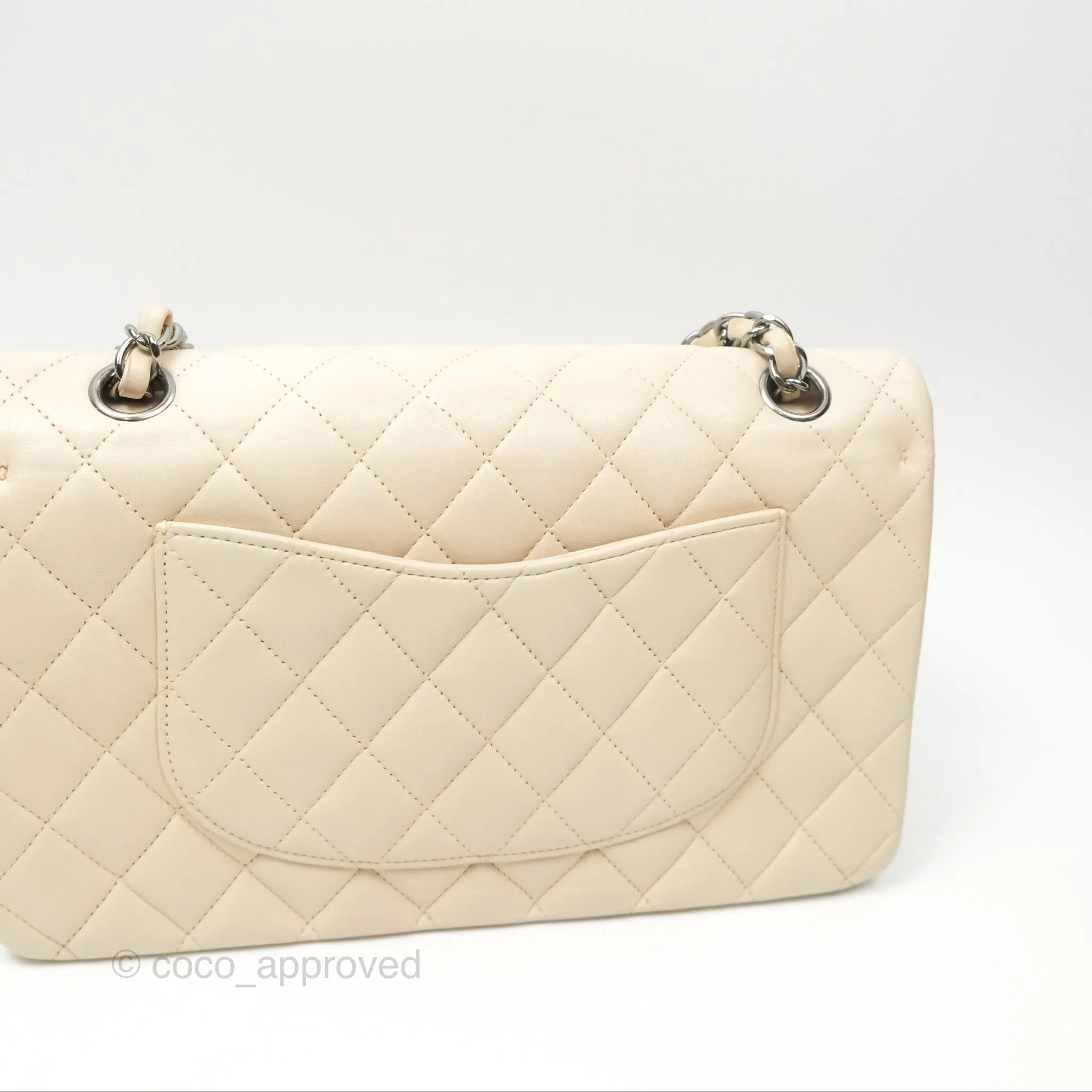 Chanel Classic M/L Medium Flap Quilted Pale Beige Lambskin Gun Metal