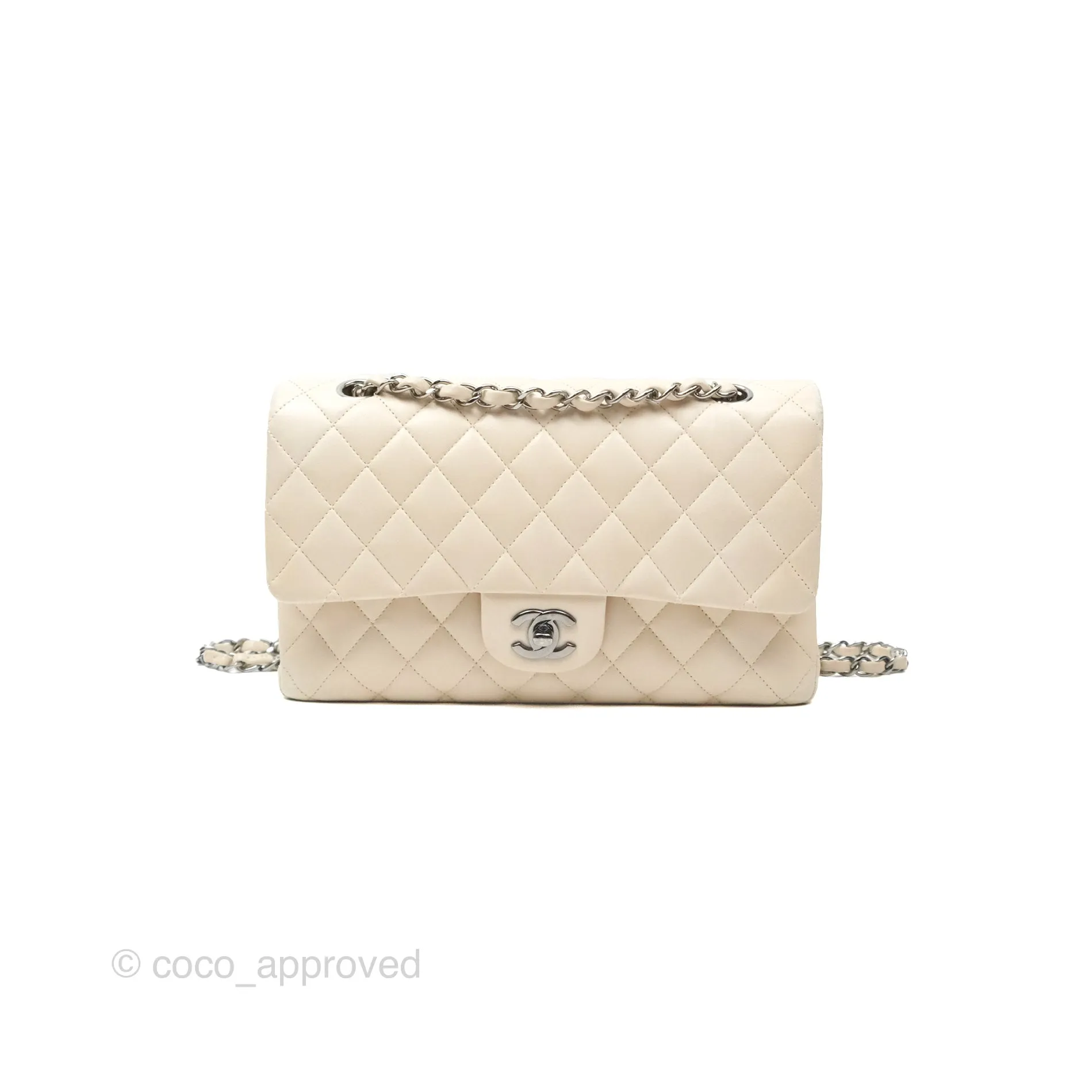 Chanel Classic M/L Medium Flap Quilted Pale Beige Lambskin Gun Metal