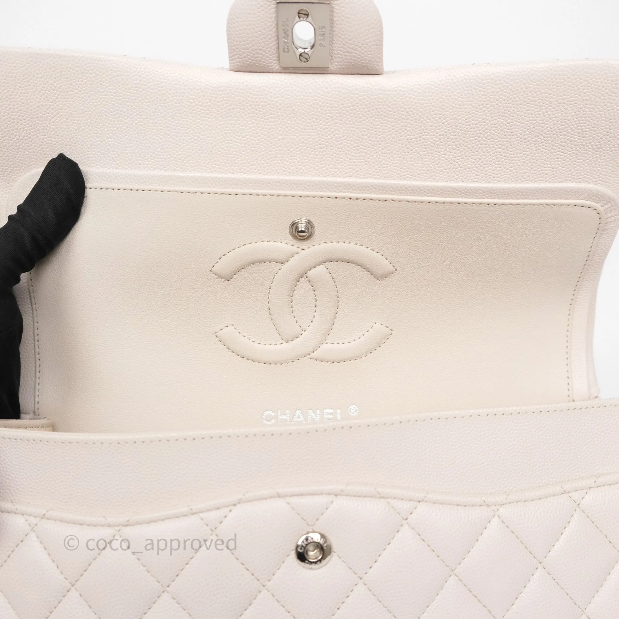 Chanel Classic M/L Medium Flap Quilted Stone Ivory Caviar Silver Hardware