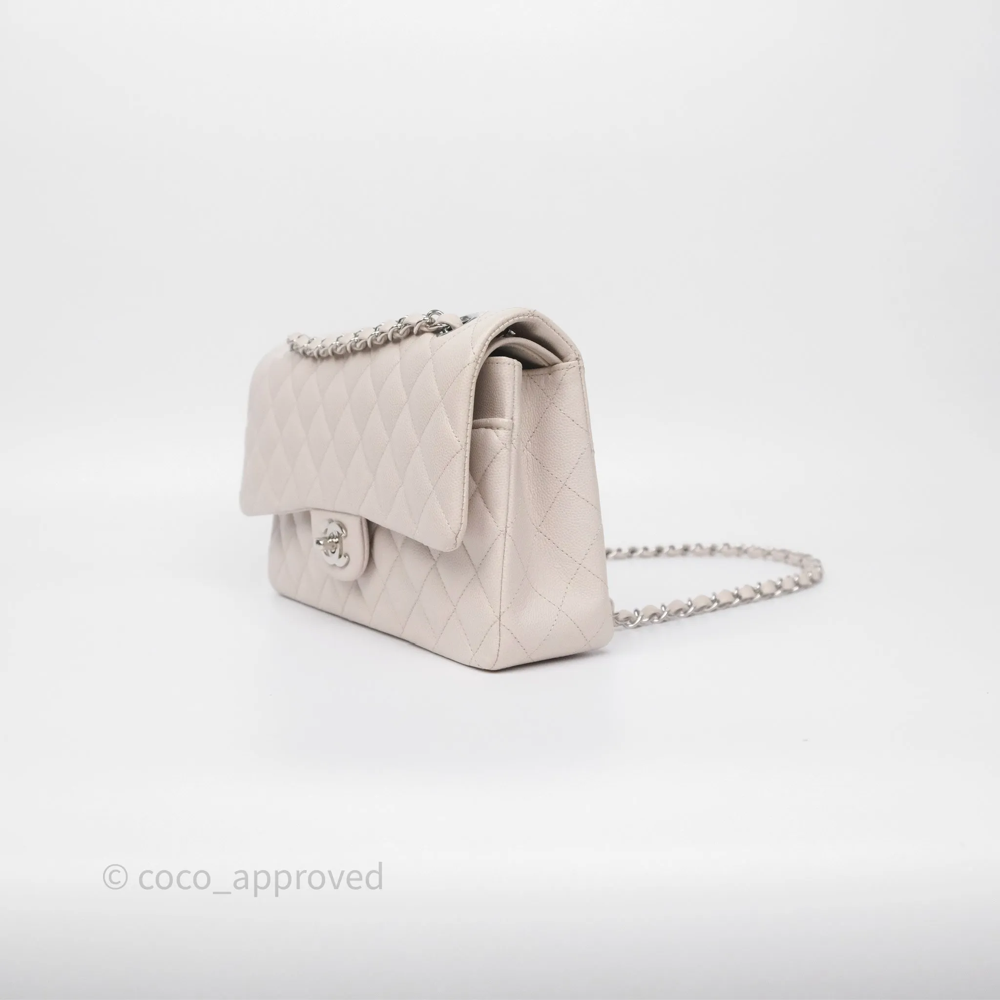 Chanel Classic M/L Medium Flap Quilted Stone Ivory Caviar Silver Hardware