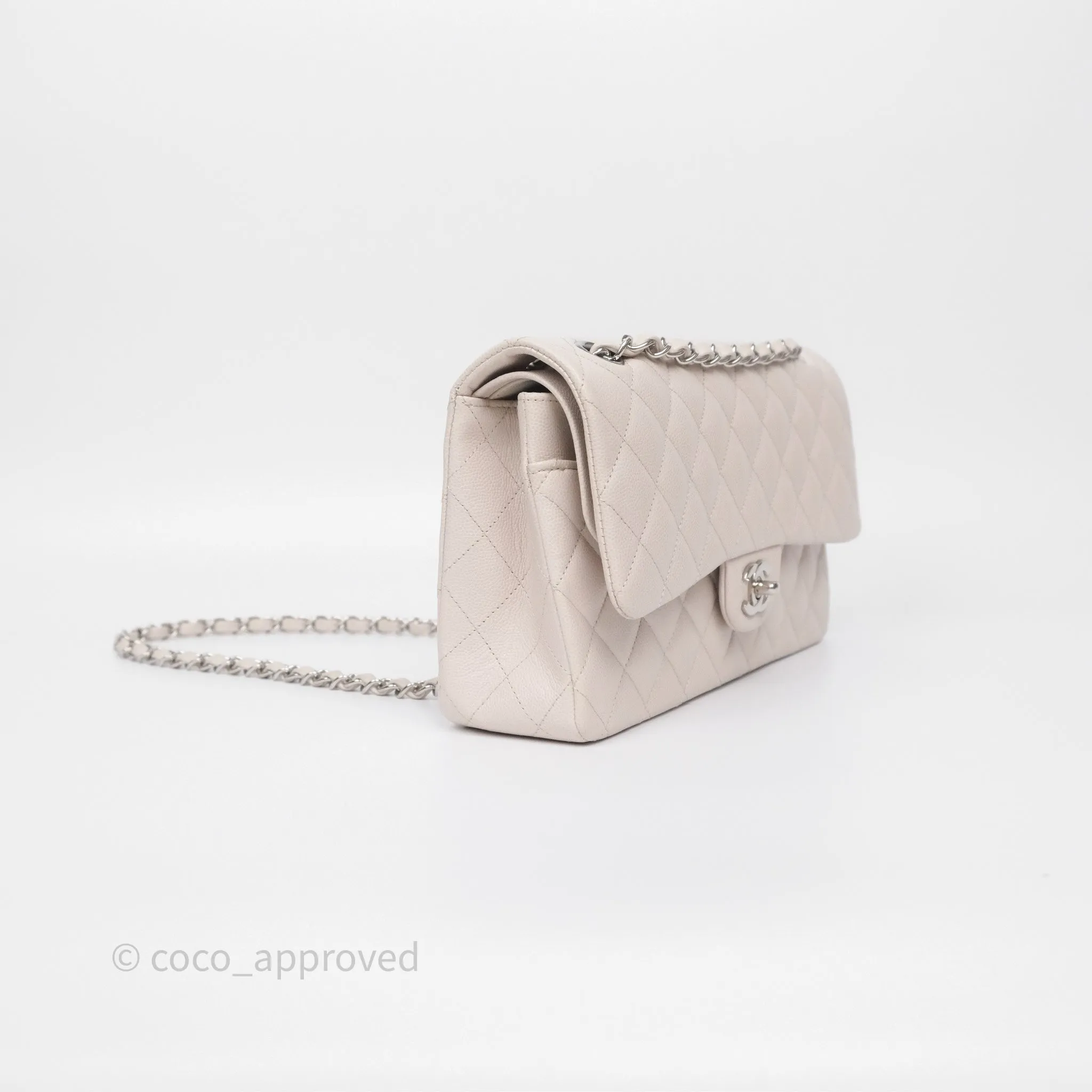 Chanel Classic M/L Medium Flap Quilted Stone Ivory Caviar Silver Hardware