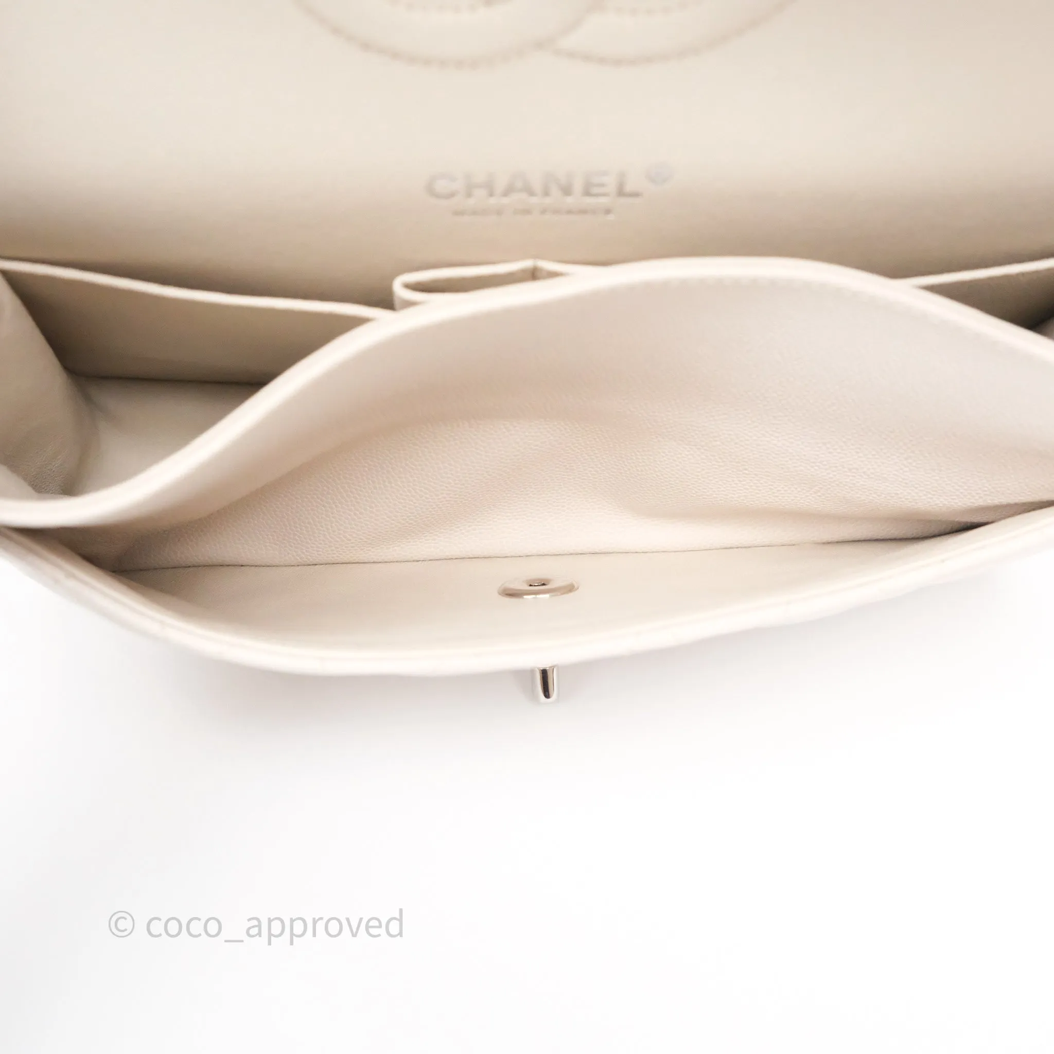 Chanel Classic M/L Medium Flap Quilted Stone Ivory Caviar Silver Hardware