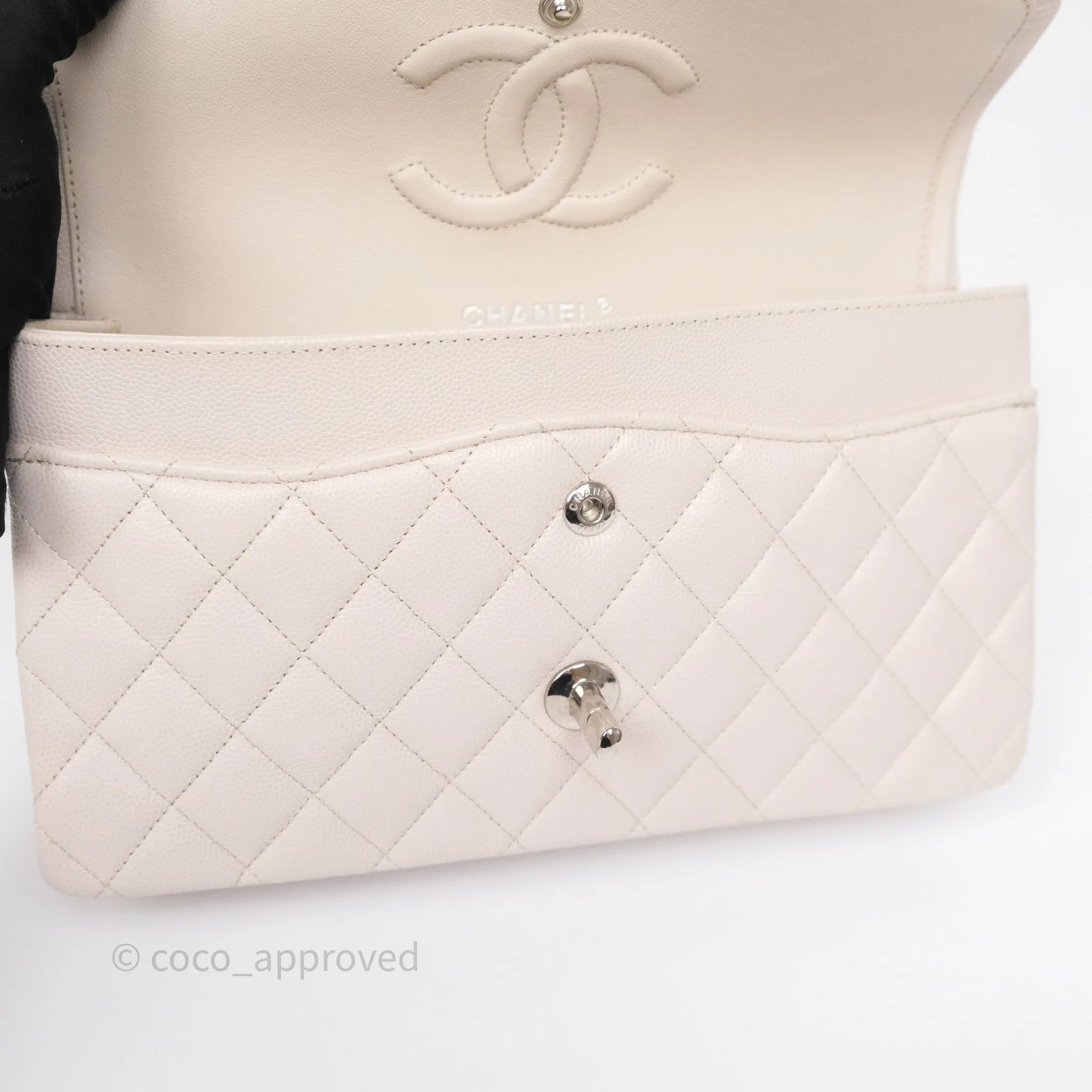 Chanel Classic M/L Medium Flap Quilted Stone Ivory Caviar Silver Hardware