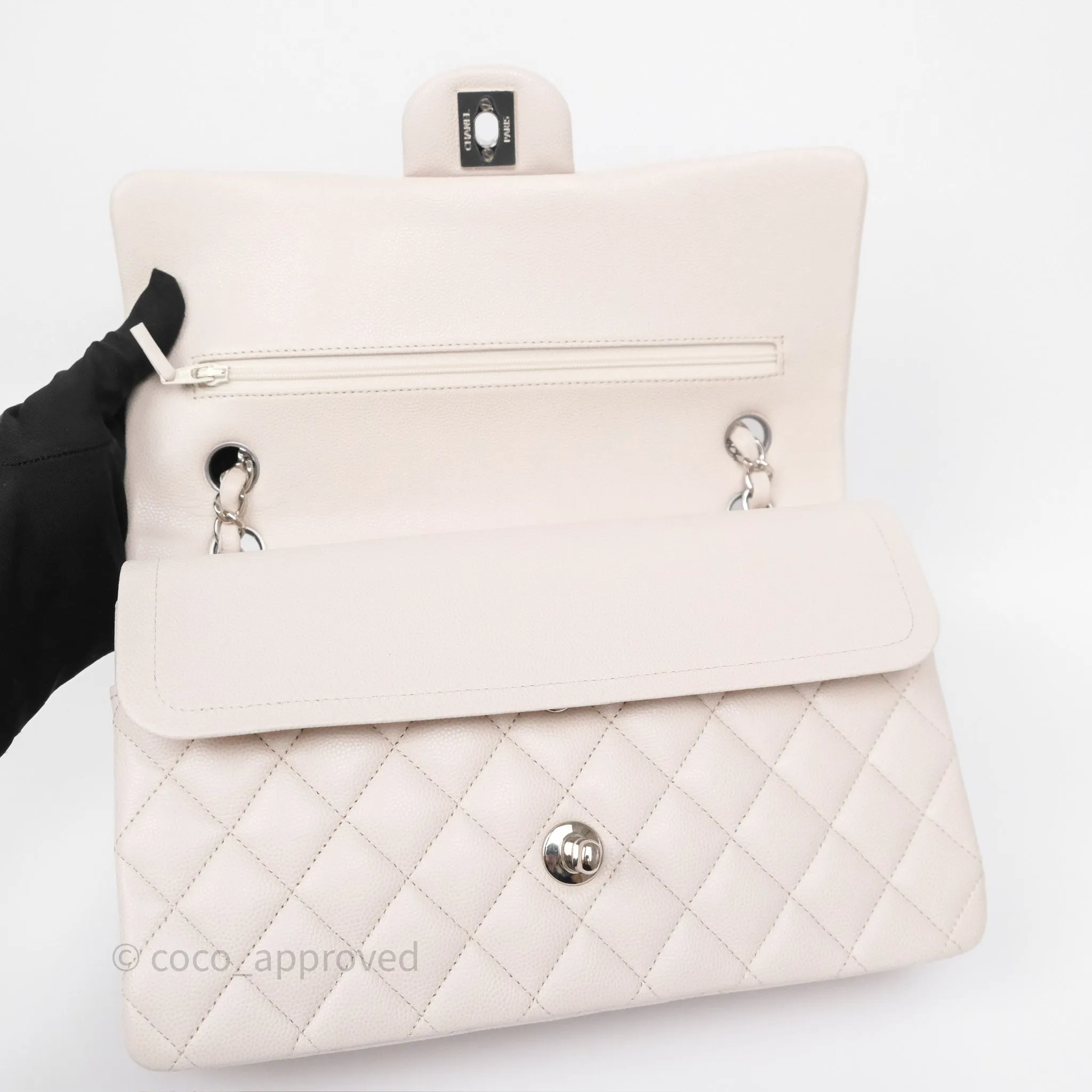 Chanel Classic M/L Medium Flap Quilted Stone Ivory Caviar Silver Hardware